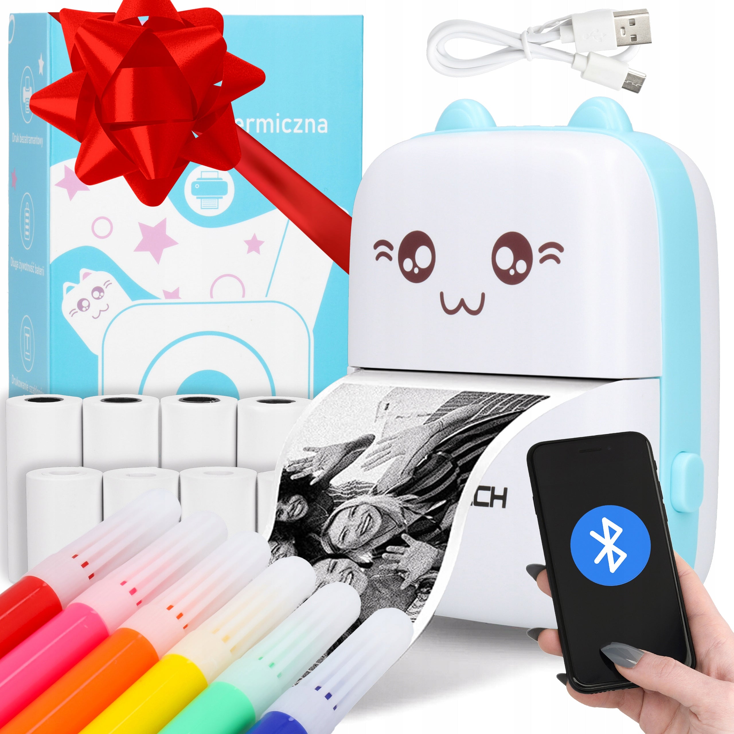 MINI THERMAL PRINTER CAT BLUE XTECH + 11 ROLLS GIFT