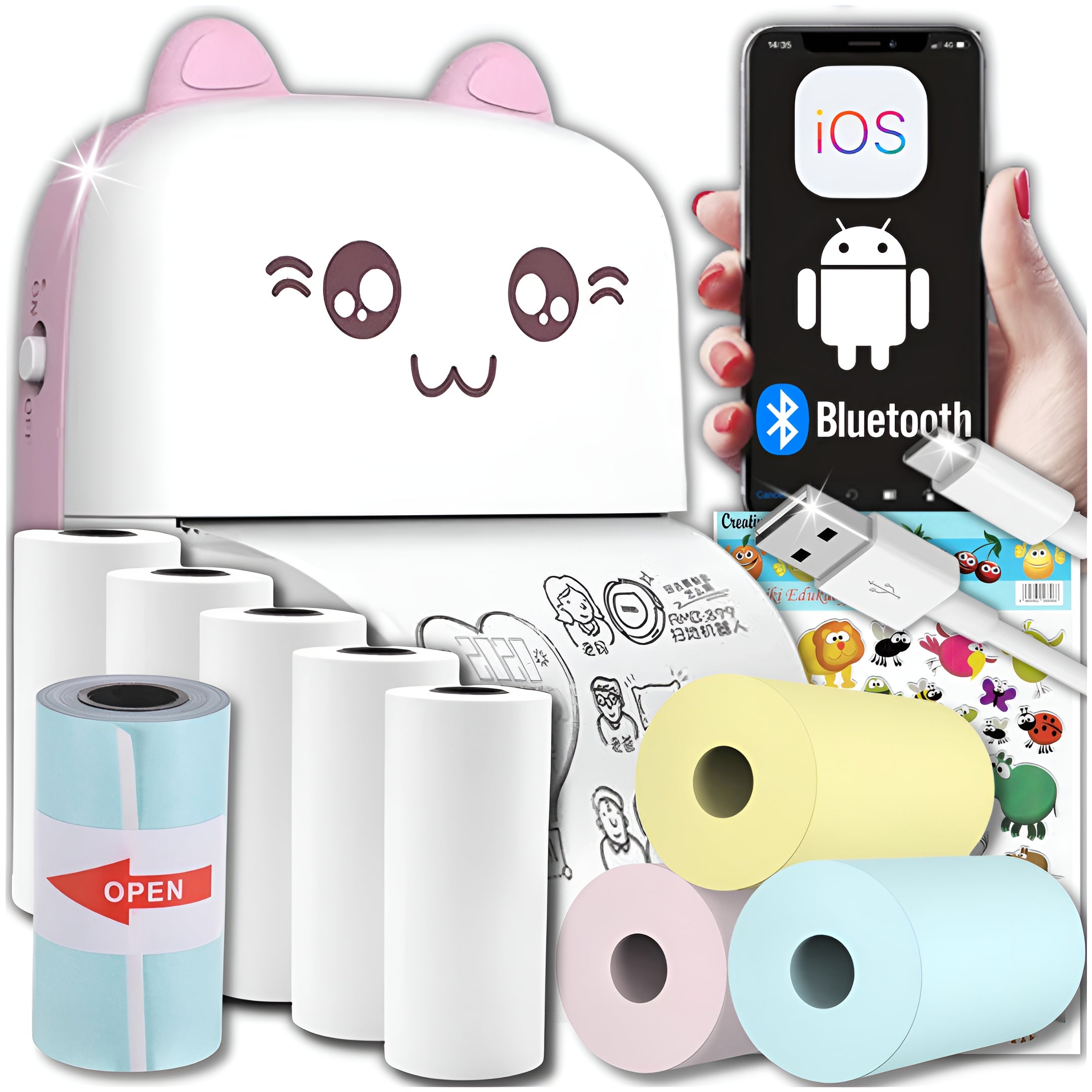 MINI THERMAL PRINTER FOR CHILDREN PRINT PORTABLE KITTY+10 ROLLS+STICKERS