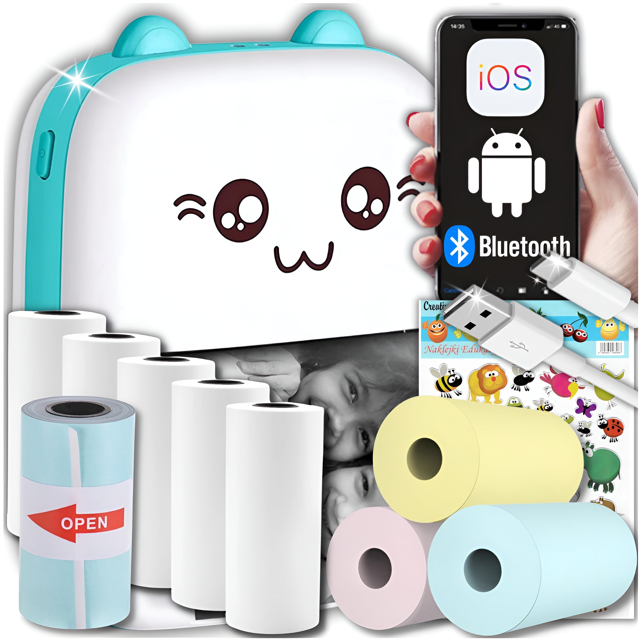 MINI THERMAL PRINTER FOR CHILDREN PRINT PORTABLE KITTY+10 ROLLS+STICKERS