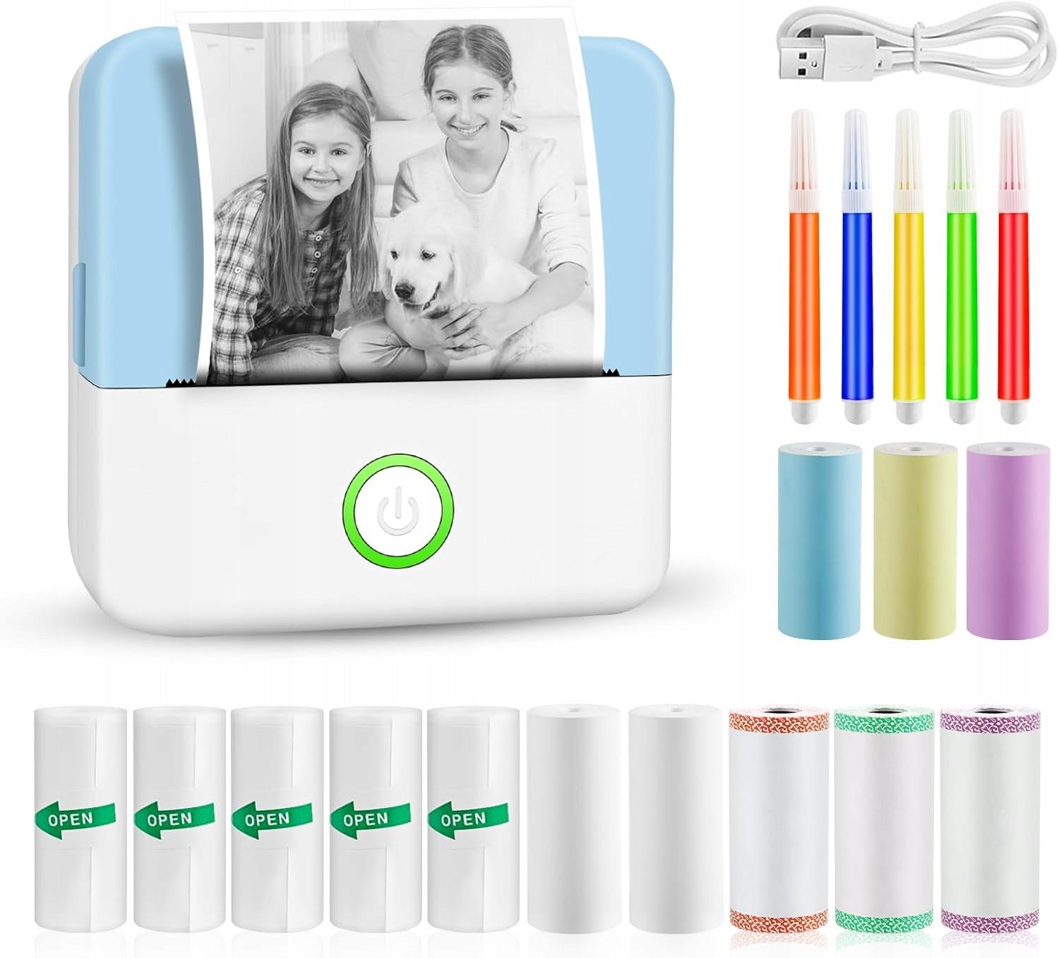 MINI THERMAL PRINTER PORTABLE USB 13 ROLLS + MARKERS BLUE