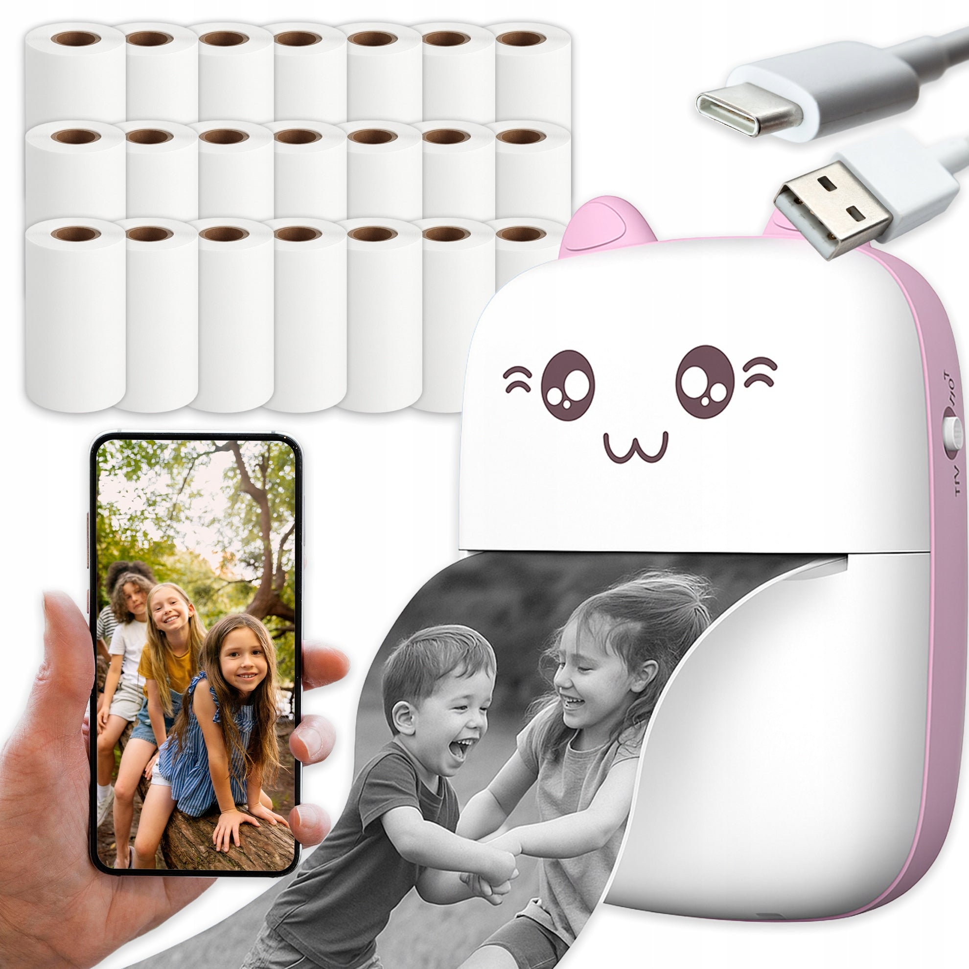 MINI THERMAL PRINTER PRINT ORIGINAL FOR PHOTOS PORTABLE + 21 ROLLS