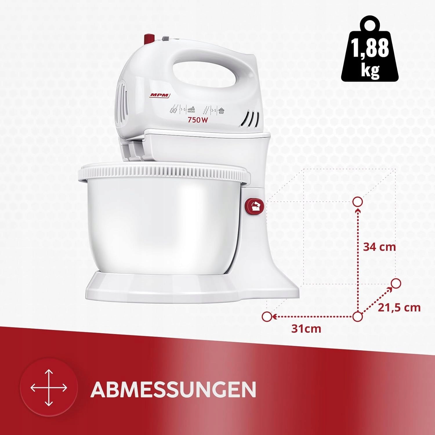 MIXER WITH ROTARY BOWL 750W 5 SPEED TURBO WHISK HOOKS 3,4L WHITE Manufacturer code 5905874743419