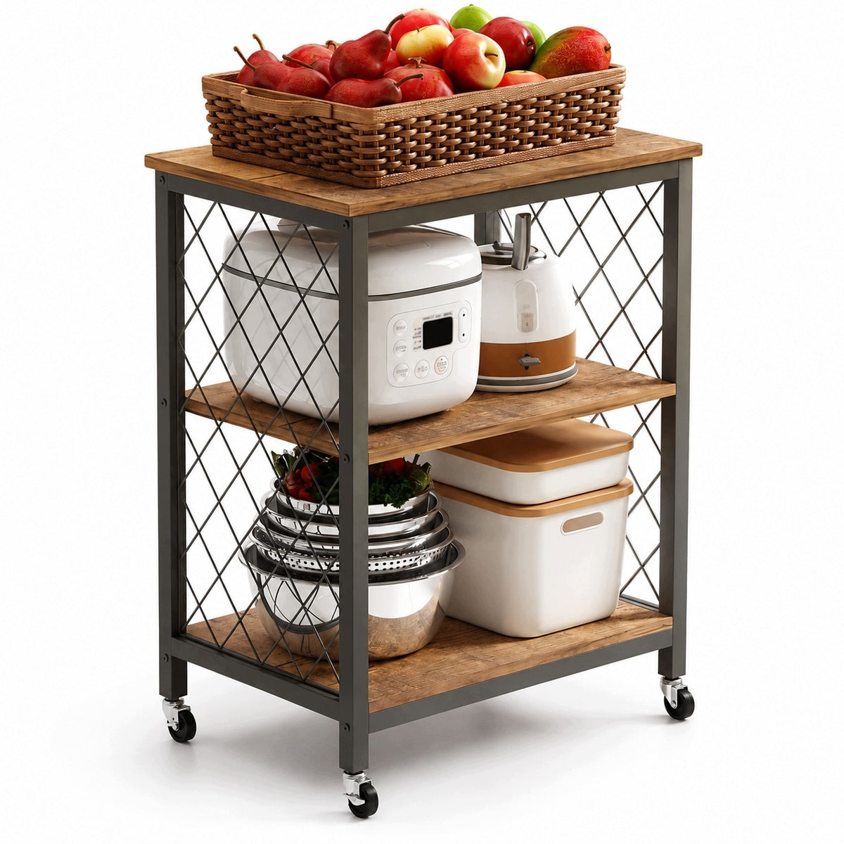MOBILE CABINET ON WHEELS DARK BROWN LOFT TABLE KITCHEN TROLLEY 60 CM
