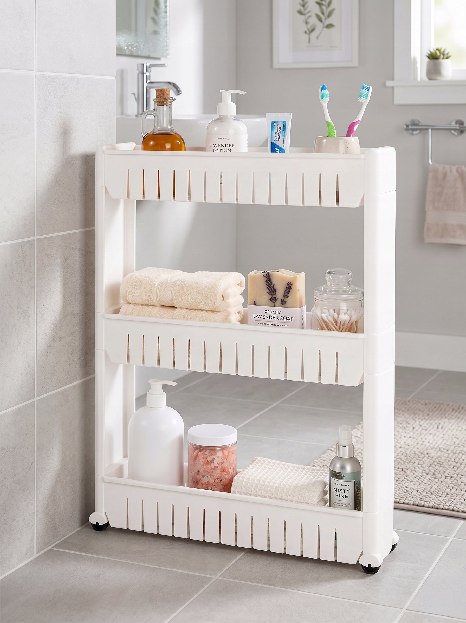 MOBILE KITCHEN CABINET BATHROOM SHELVING UNIT ON WHEELS SHELF WHITE NARROW 101cm Packaging status original
