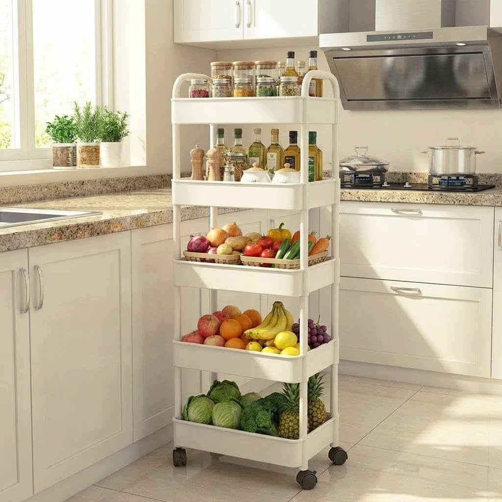 MOBILE KITCHEN RACK ON WHEELS TROLLEY 41X28X128CM 5 SHELVES ROTATION 360° Manufacturer code BEDEE