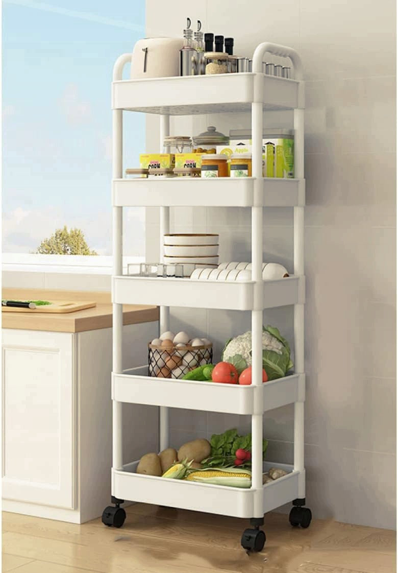 MOBILE KITCHEN RACK ON WHEELS TROLLEY 41X28X128CM 5 SHELVES ROTATION 360° Packaging status original