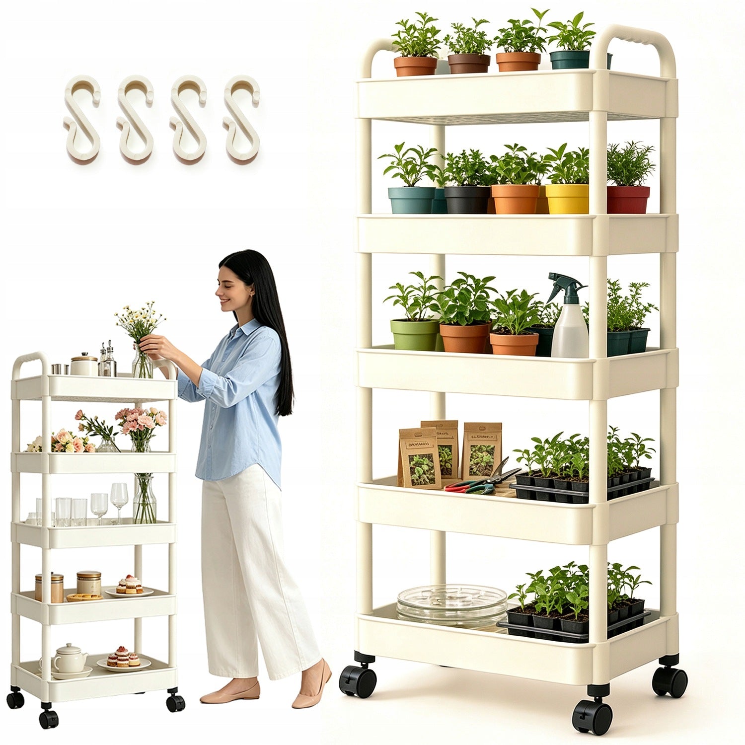 MOBILE KITCHEN RACK ON WHEELS TROLLEY 41X28X128CM 5 SHELVES ROTATION 360°