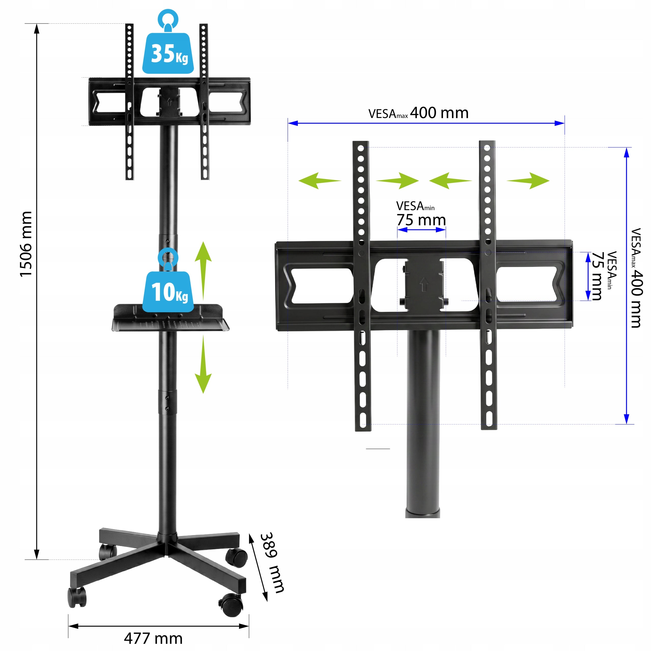 MOBILE TV STAND ADJUSTABLE WITH SWIVEL SHELF WHEELS 23-60 INCHES Manufacturer code 0137
