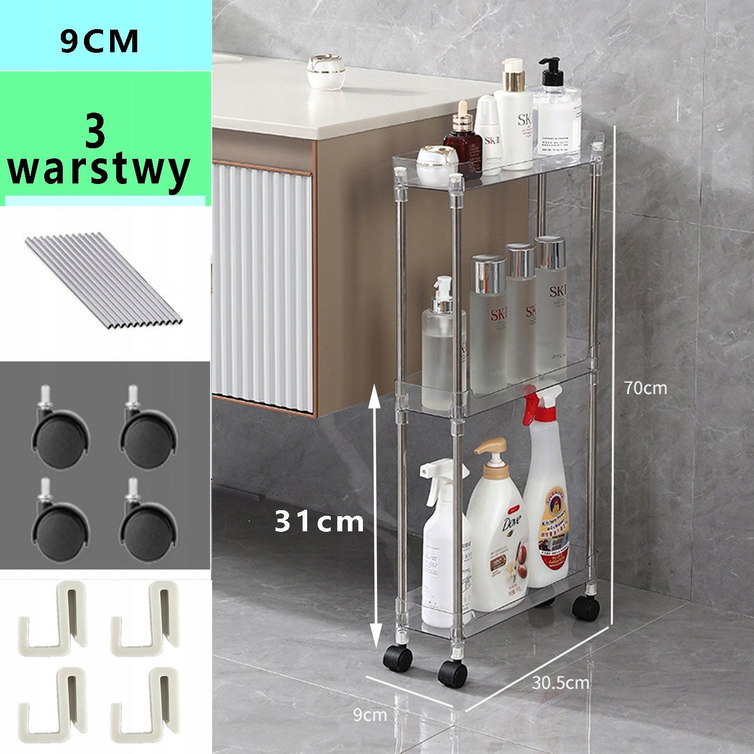 MOBILNY BAREK NA KÓŁKACH REGAŁ KUCHENNY STOLIK WÓZEK ŁAZIENKOWY SOLIDNY 9CM Brand Hooha