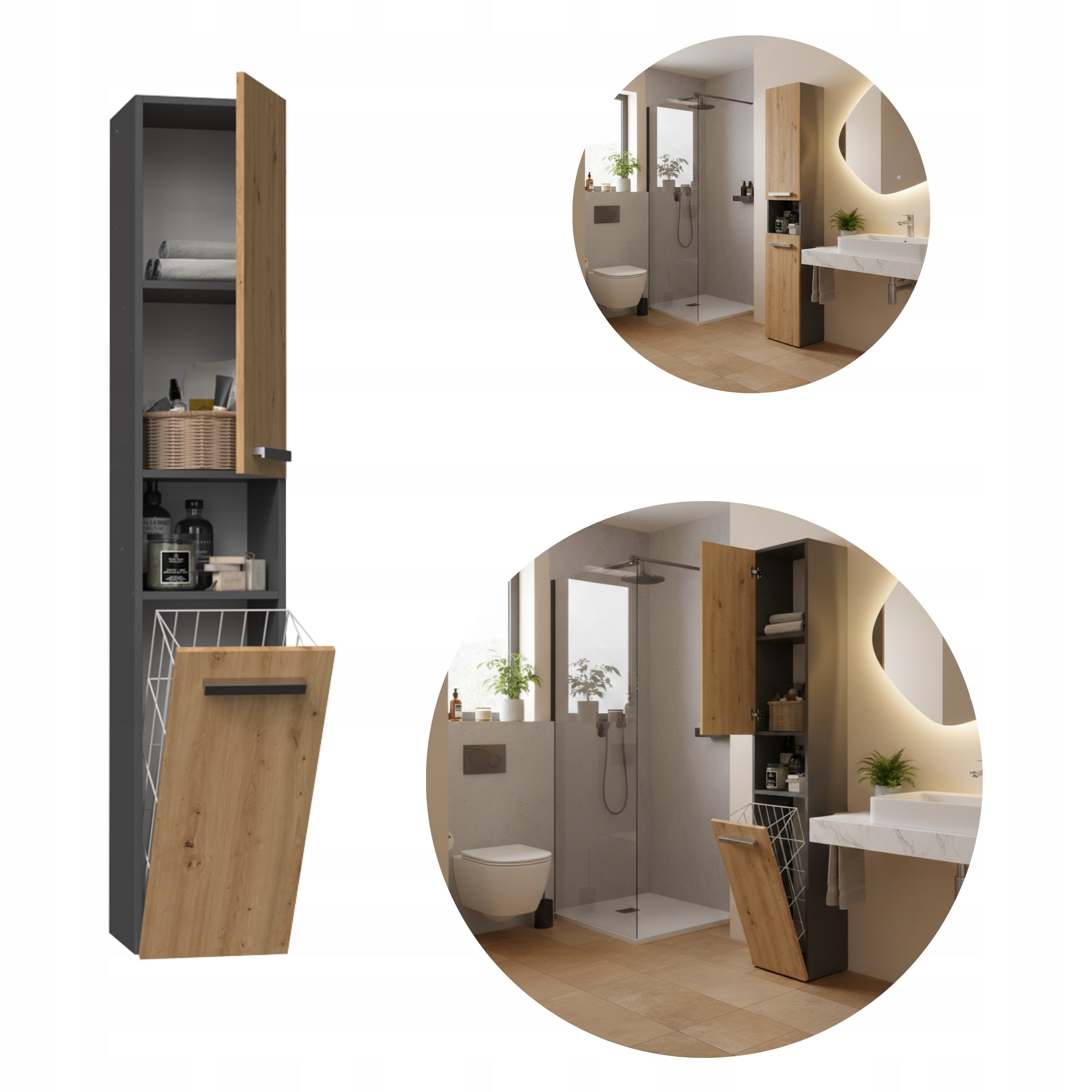 MODERN BATHROOM CABINET NEL WITH LAUNDRY BASKET ANTHRACITE OAK ARTISAN