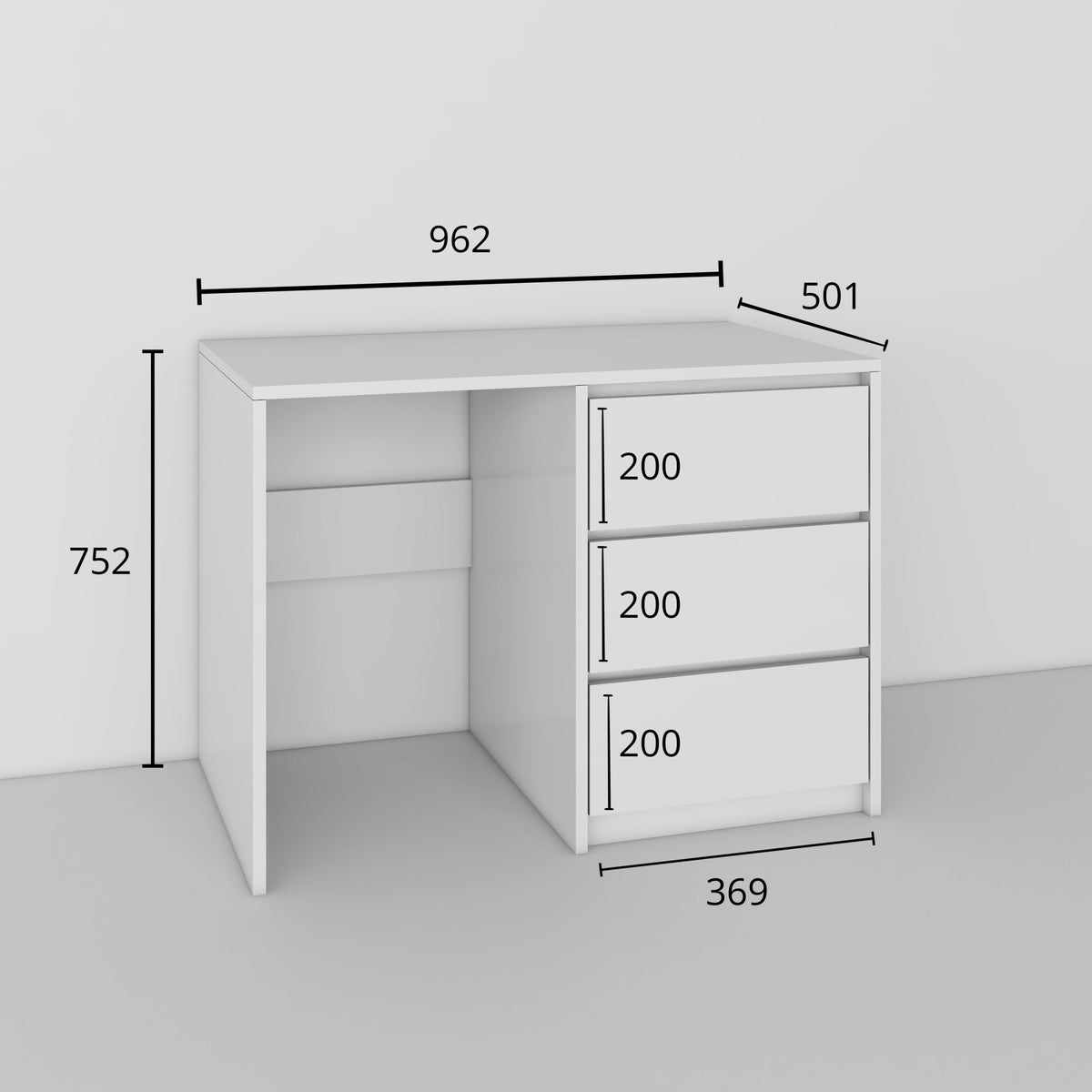 MODERN DESK 96 CM 3 DRAWERS HANDLELESS FRONTS WHITE ALASKA Manufacturer code BIURKO 3SZ-A