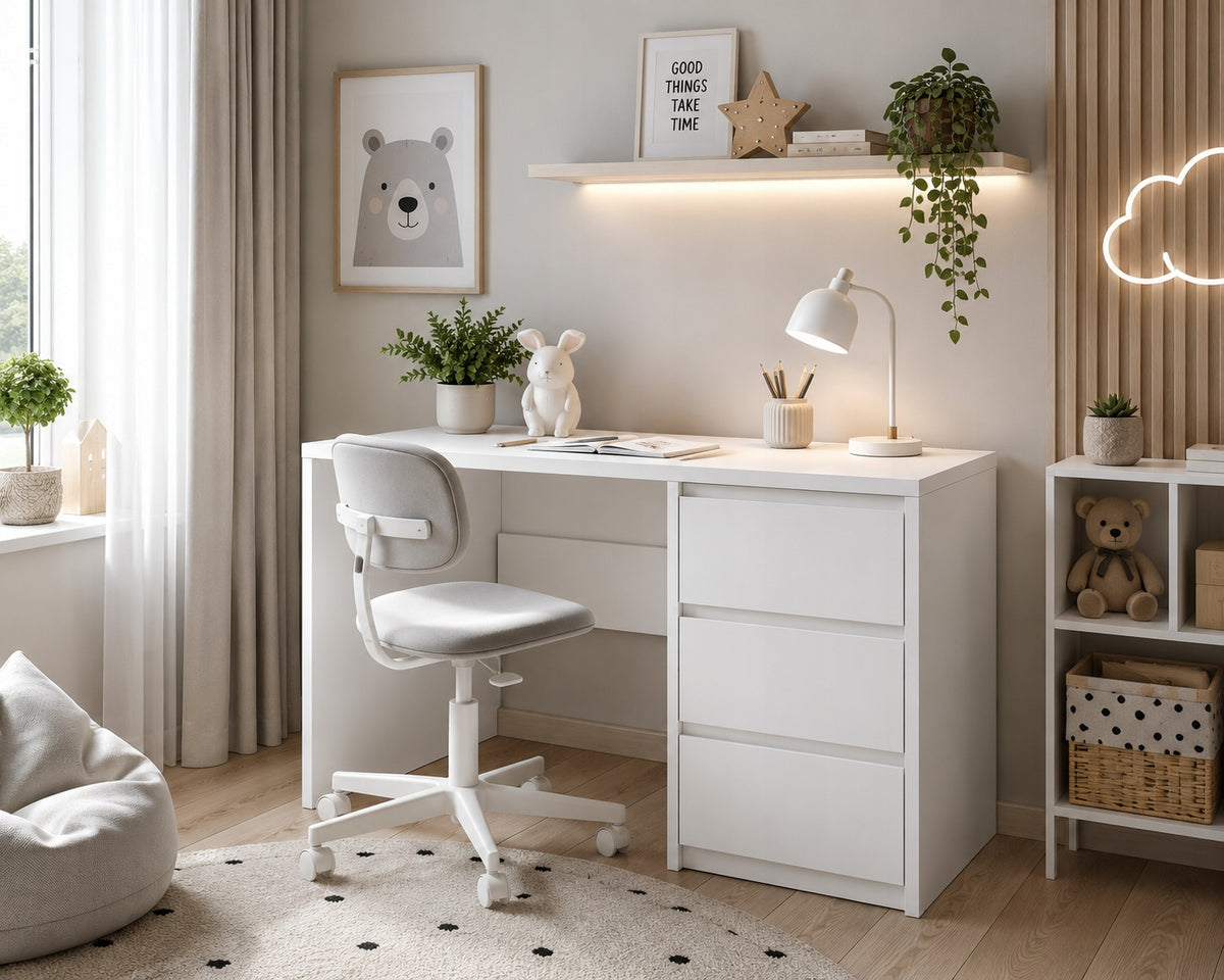 MODERN DESK 96 CM 3 DRAWERS HANDLELESS FRONTS WHITE ALASKA