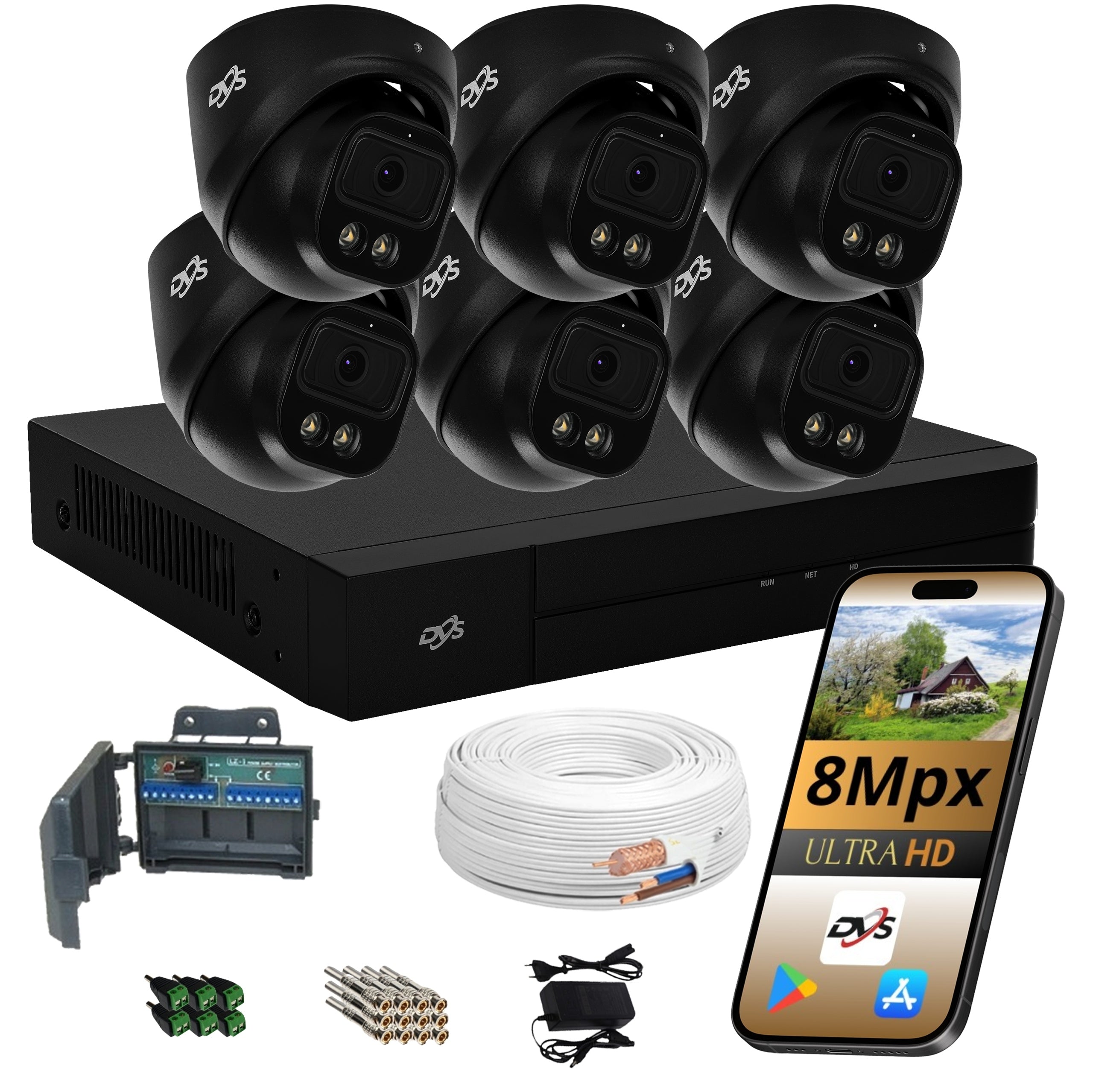 MONITORING KIT 6 BLACK CAMERAS 8Mpx DUAL LIGHT LED IR25 DVS