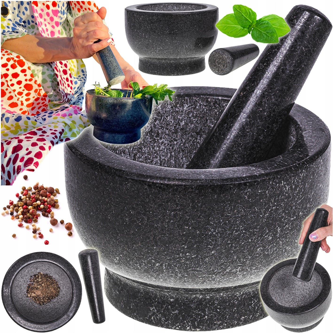 MORTAR GRANITE STONE BLACK PESTLE for kitchen herbs spices medicines