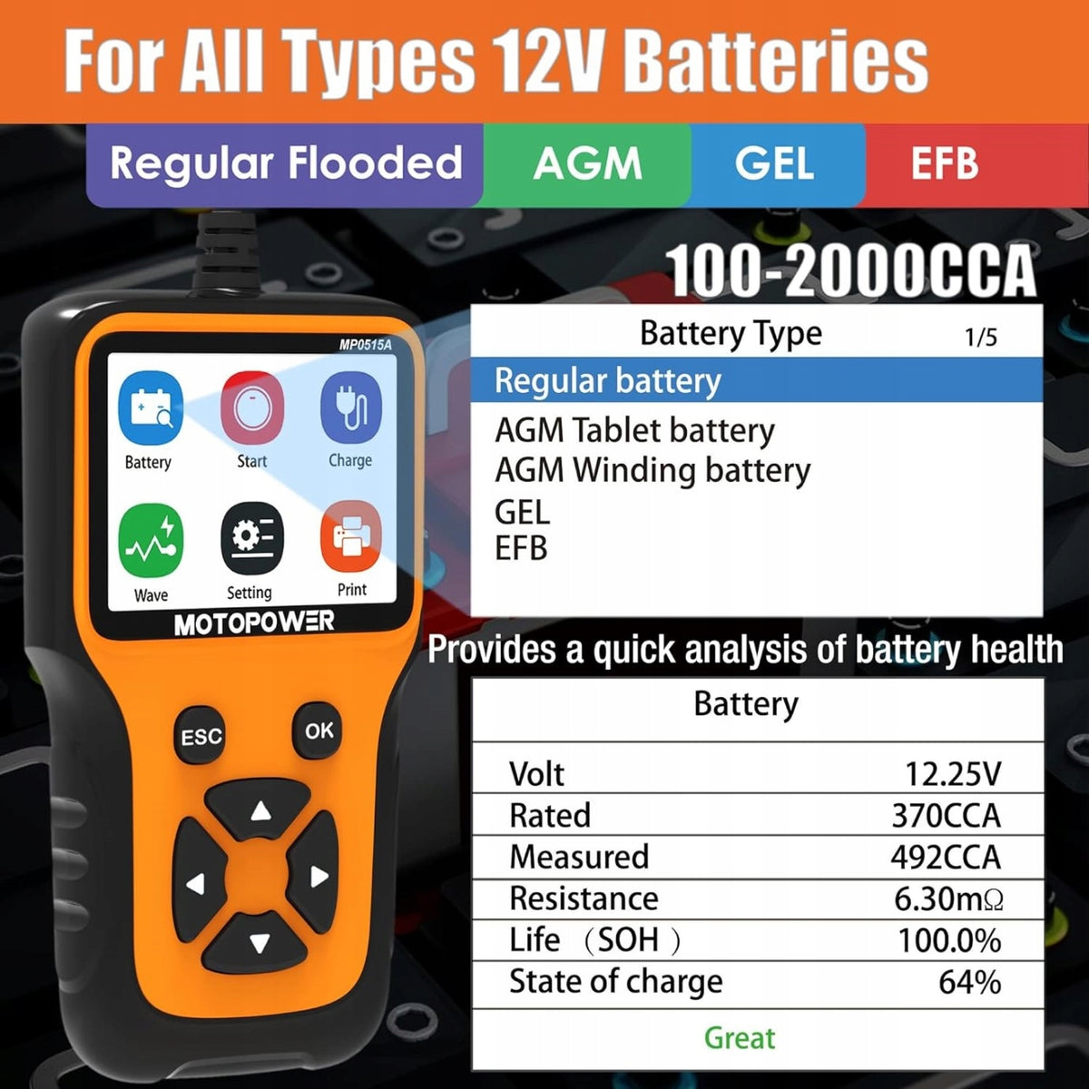MOTOPOWER MP0515A 12V CAR BATTERY TESTER Brand Motopower