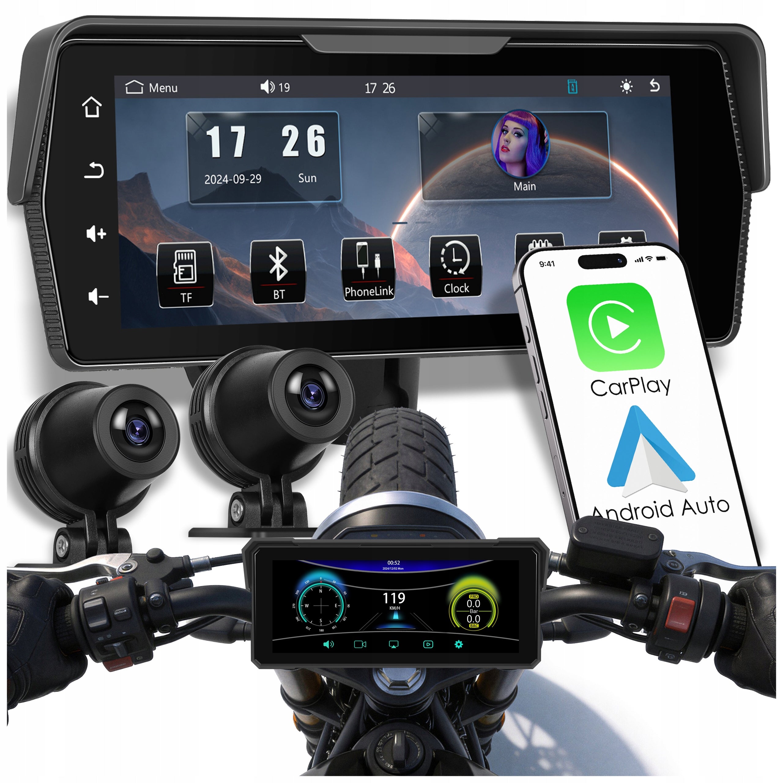 MOTORCYCLE STATION 2 CAMERAS DVR NAVIGATION CARPLAY MIRROR ANDROID AUTO 6,86"