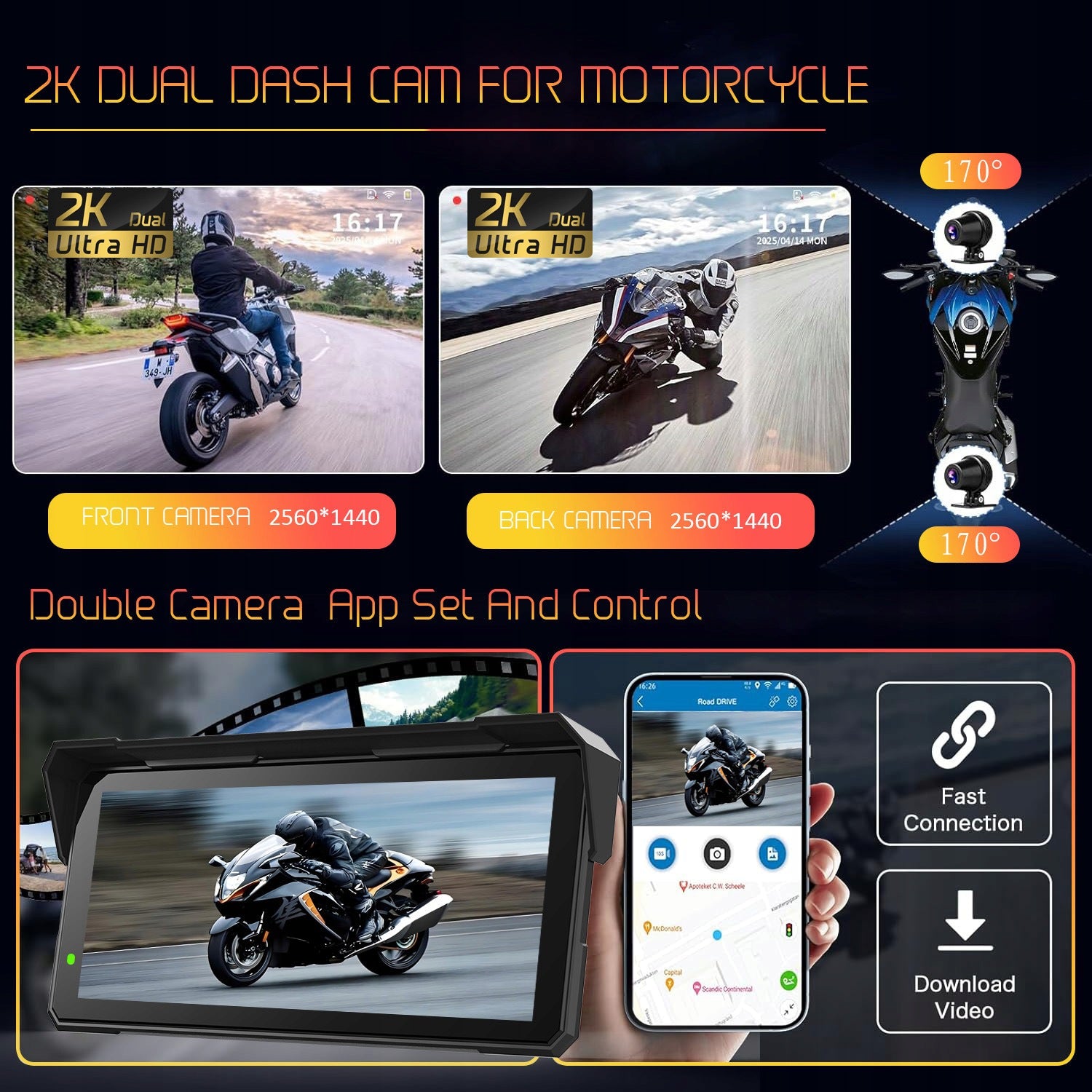 MOTORCYCLE STATION MONITOR ANDROID AUTO APPLE CARPLAY 2 CAMERAS DVR PILOT BT Brand no brand
