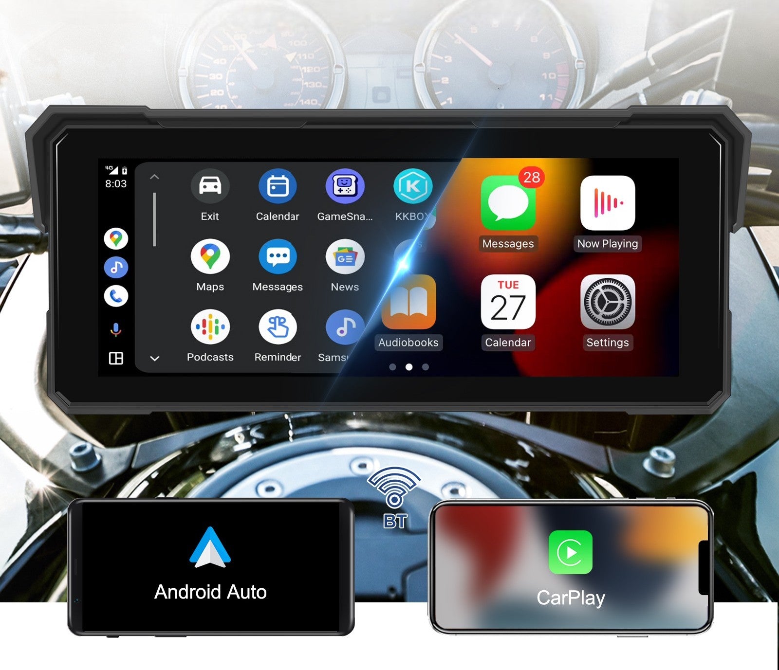 MOTORCYCLE STATION MONITOR ANDROID AUTO APPLE CARPLAY 2 CAMERAS DVR PILOT BT Packaging status original
