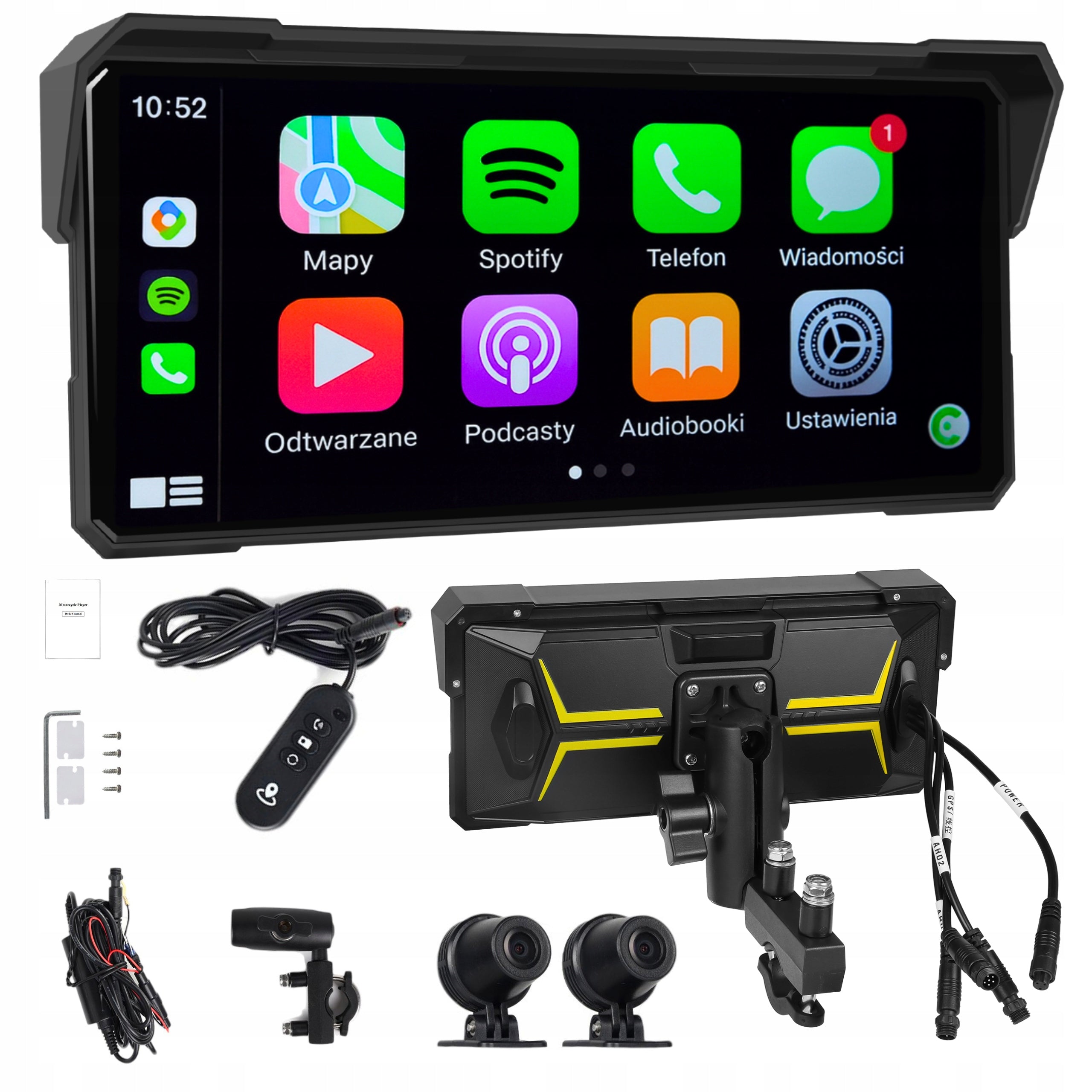 MOTORCYCLE STATION MONITOR ANDROID AUTO APPLE CARPLAY 2 CAMERAS DVR PILOT BT