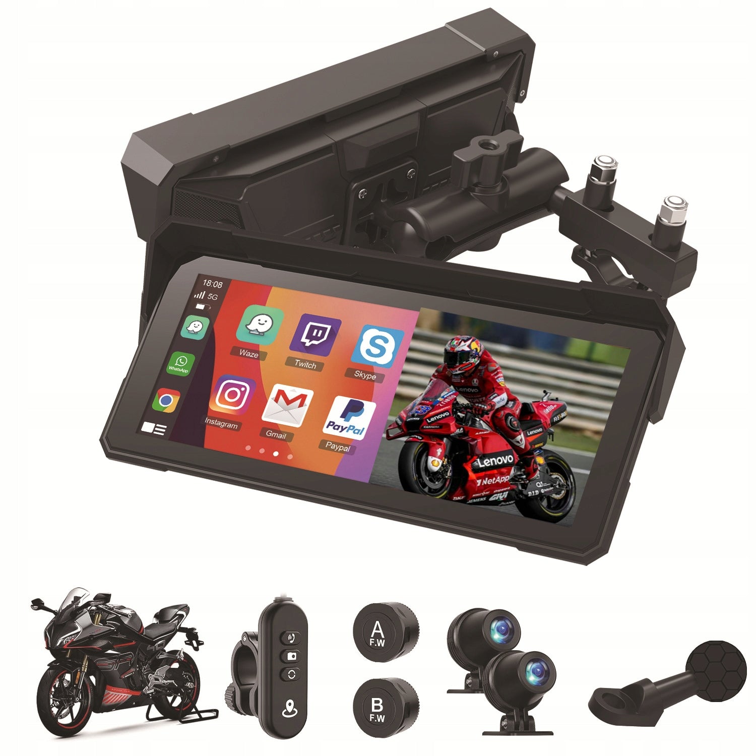 MOTORCYCLE STATION MONITOR ANDROID AUTO APPLE CARPLAY 2 CAMERAS DVR PILOT BT