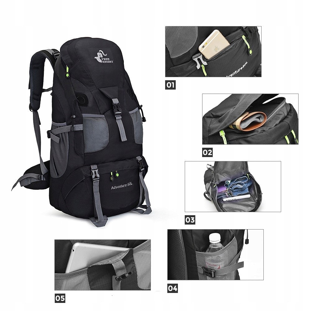 MOUNTAIN BACKPACK FREE KNIGHT BLACK WATERPROOF 50L TREKKING SURVIVAL BAG Color black