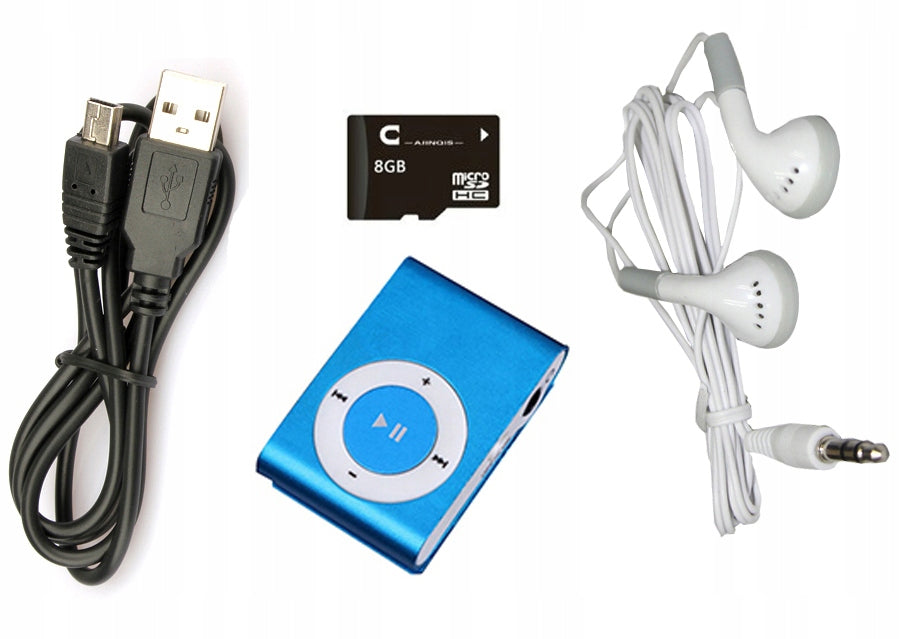 MP3 PLAYER CLIP HEADPHONES + SD CARD 8GB USB