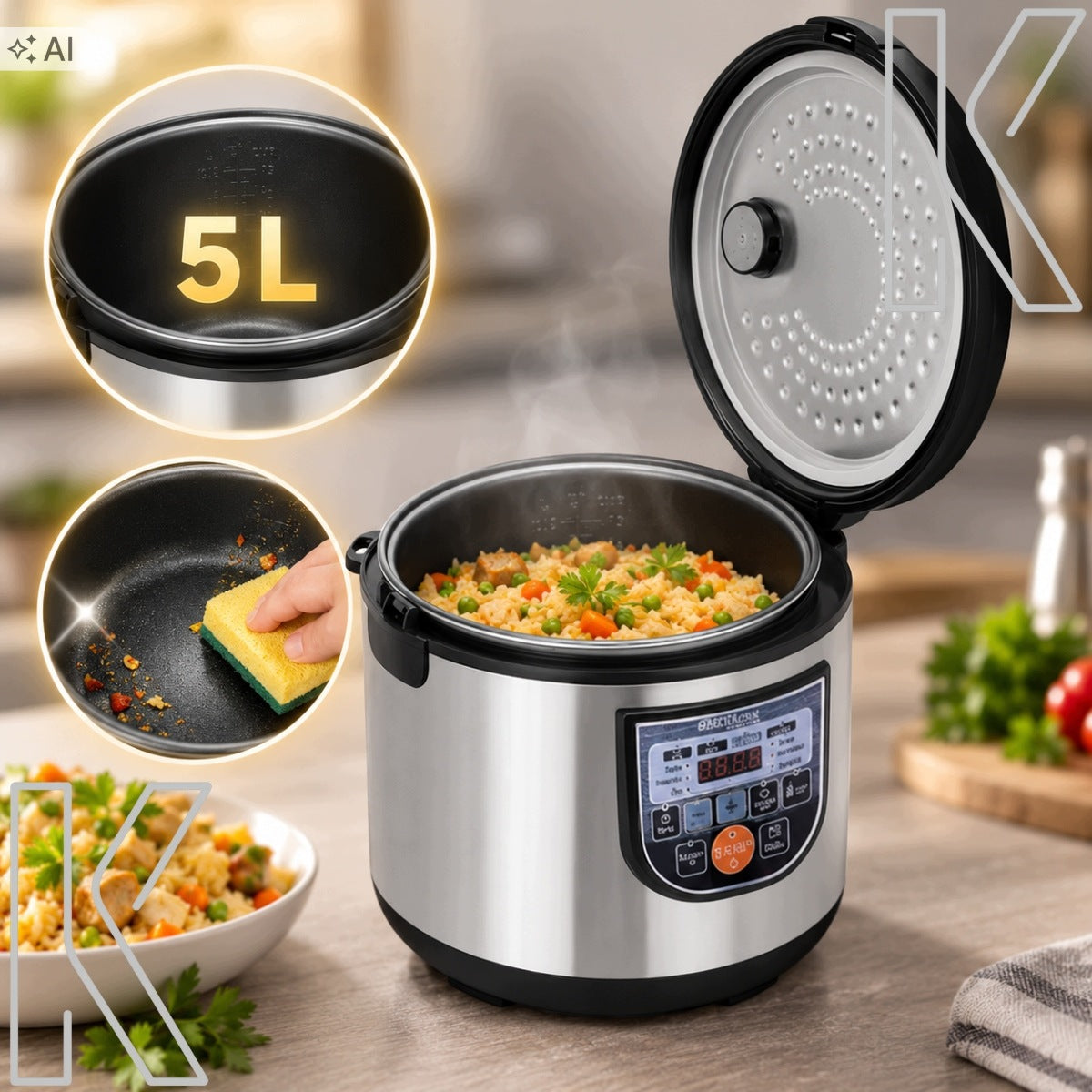 MULTICOOKER RICE COOKER ELECTRIC POT FOR COOKING RICE PRESSURE COOKER 5L 1200W Manufacturer code MULTICOOKER GARNEK ELEKTRYCZNY SZYBKOWAR 1200
