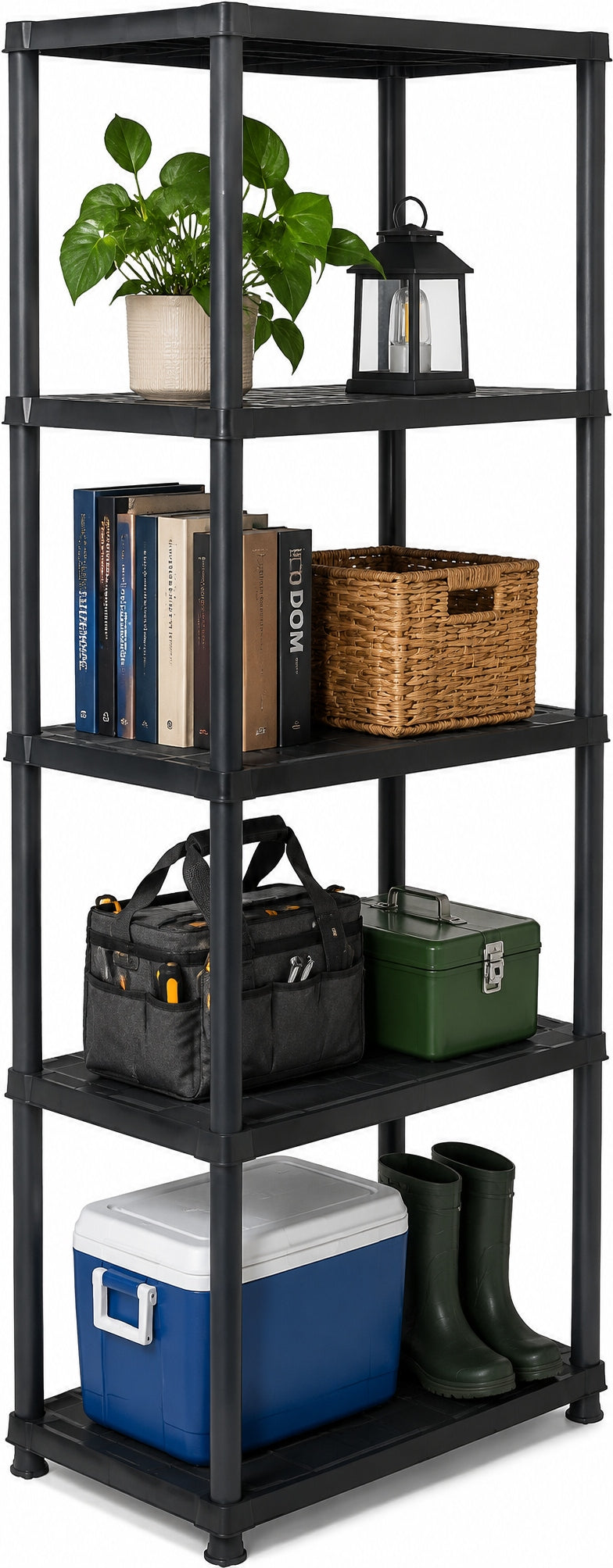 MULTIFUNCTION BOOKCASE PLASTIC BLACK 5 SHELVES IDEAL FOR GARAGE BASEMENT Packaging status original