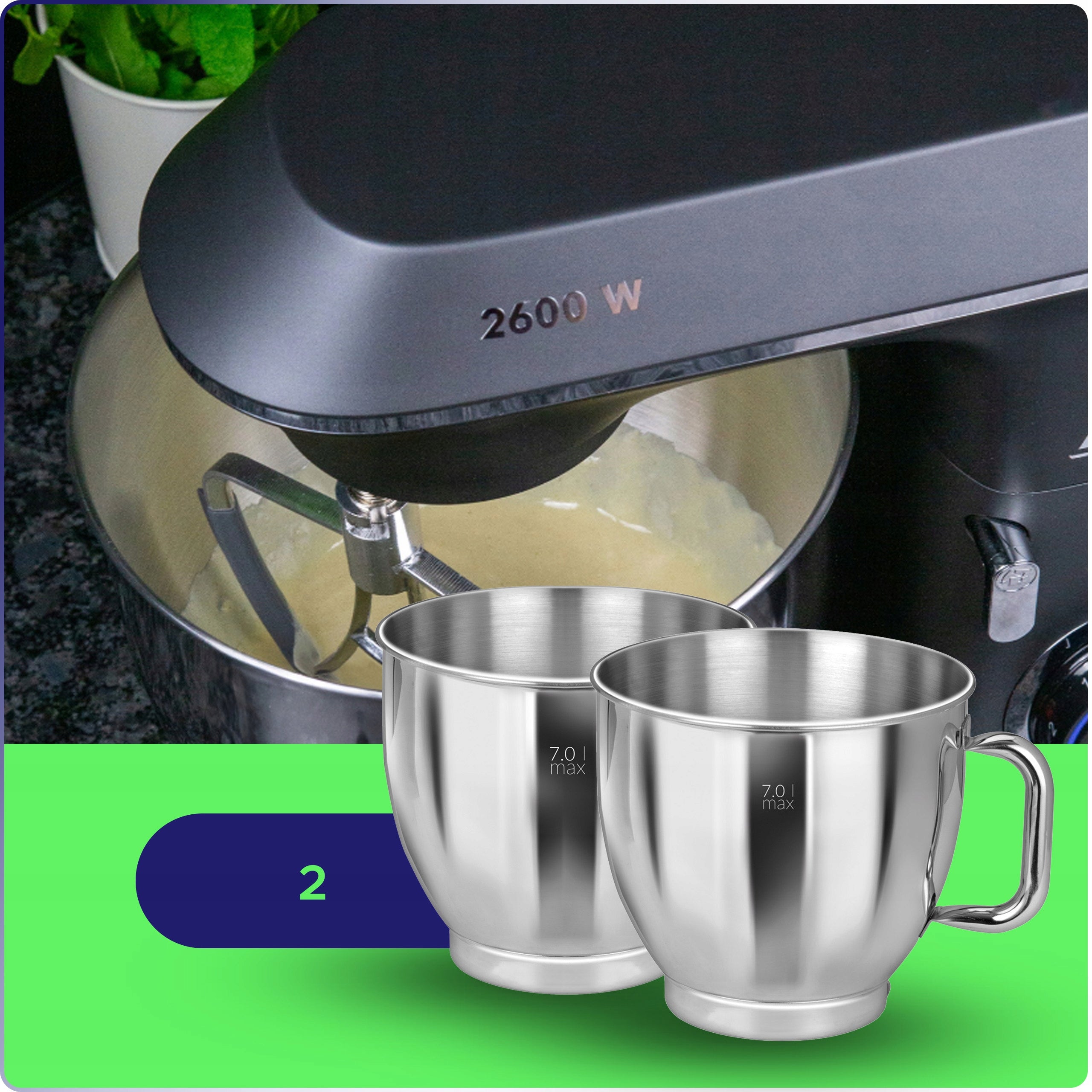 MULTIFUNCTIONAL FOOD PROCESSOR PLANETARY MIXER MPM MRK-20 2600W 2 BOWLS 7L Operating modes turbo