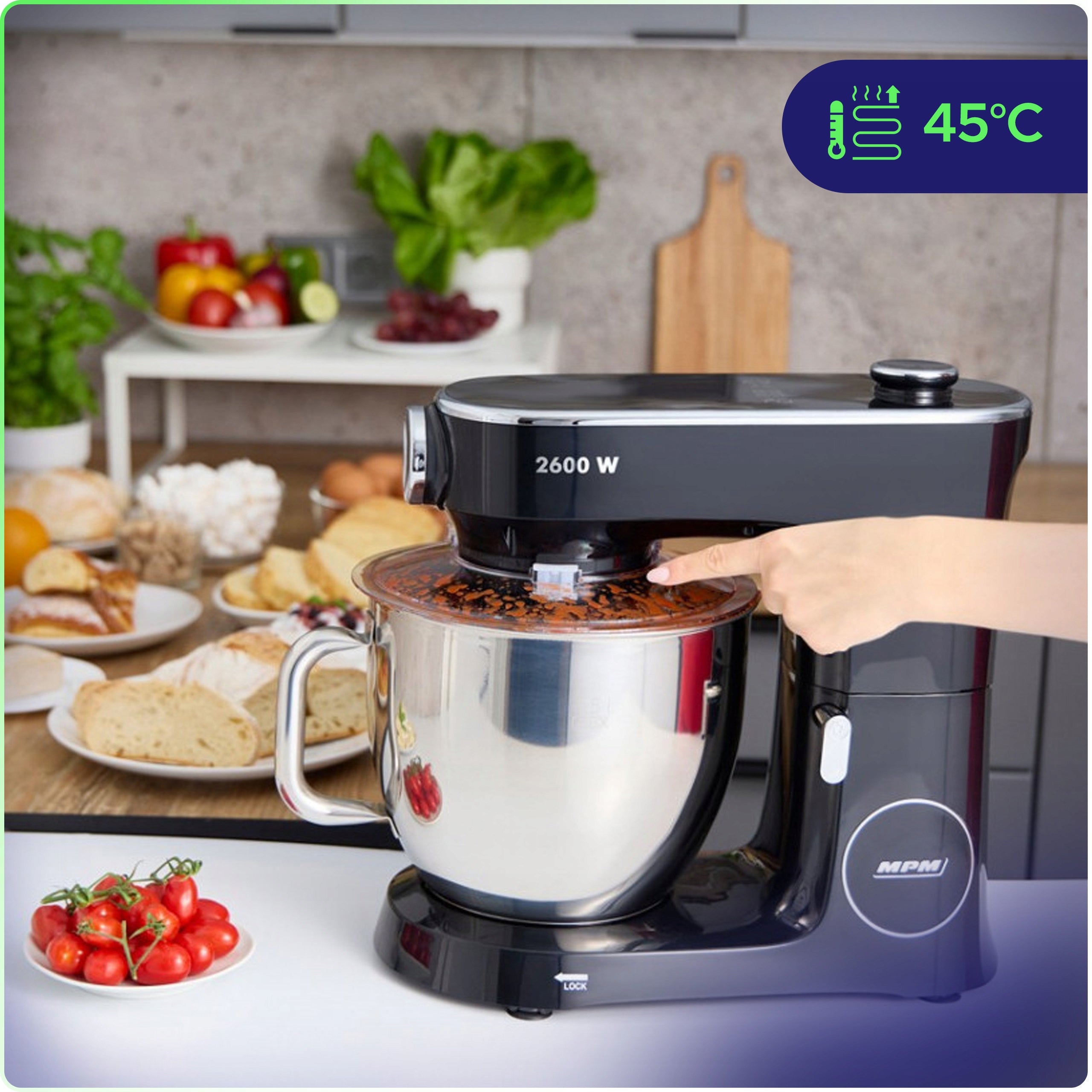 MULTIFUNCTIONAL FOOD PROCESSOR PLANETARY MIXER MPM MRK-26 2600W 3IN1 HEATS Dominant color black