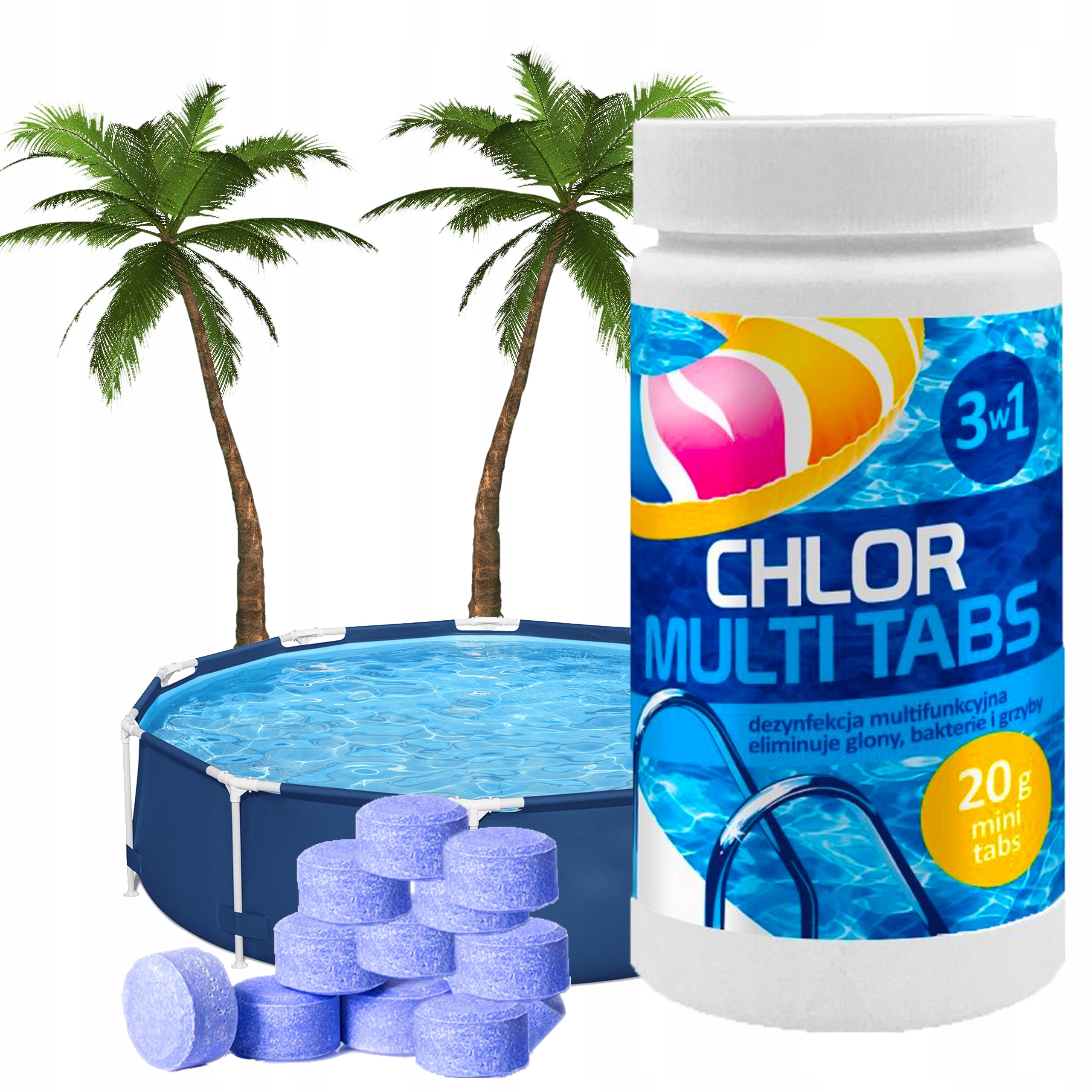 MULTIFUNCTIONAL MULTI TABLETS CHLORINE CHEMISTRY FOR POOL 50x20G 1KG +GLOVES Brand Gamix