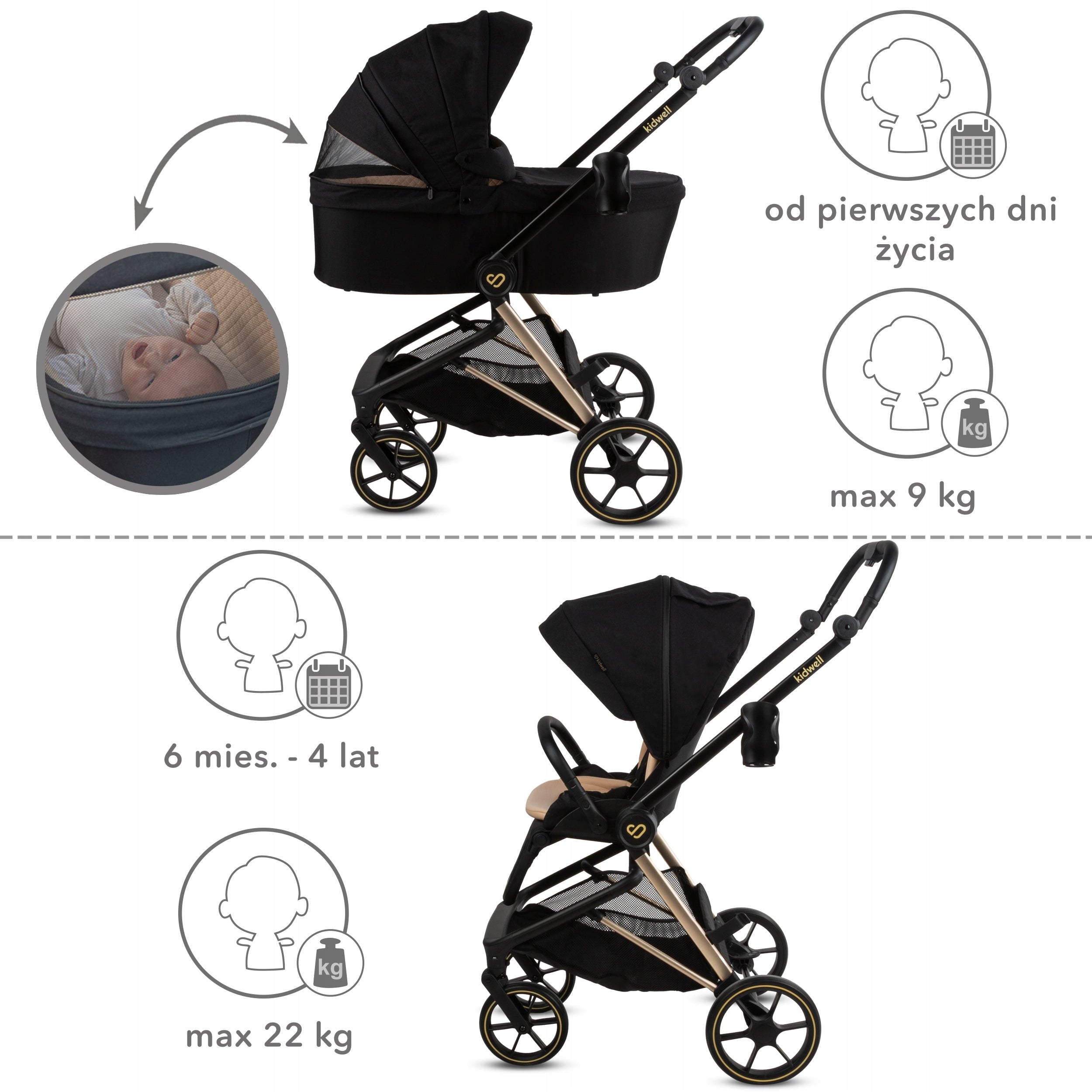 MULTIFUNCTIONAL TROLLEY 2in1 Kidwell Velmont GONDOLA STROLLER black beige Packaging status original