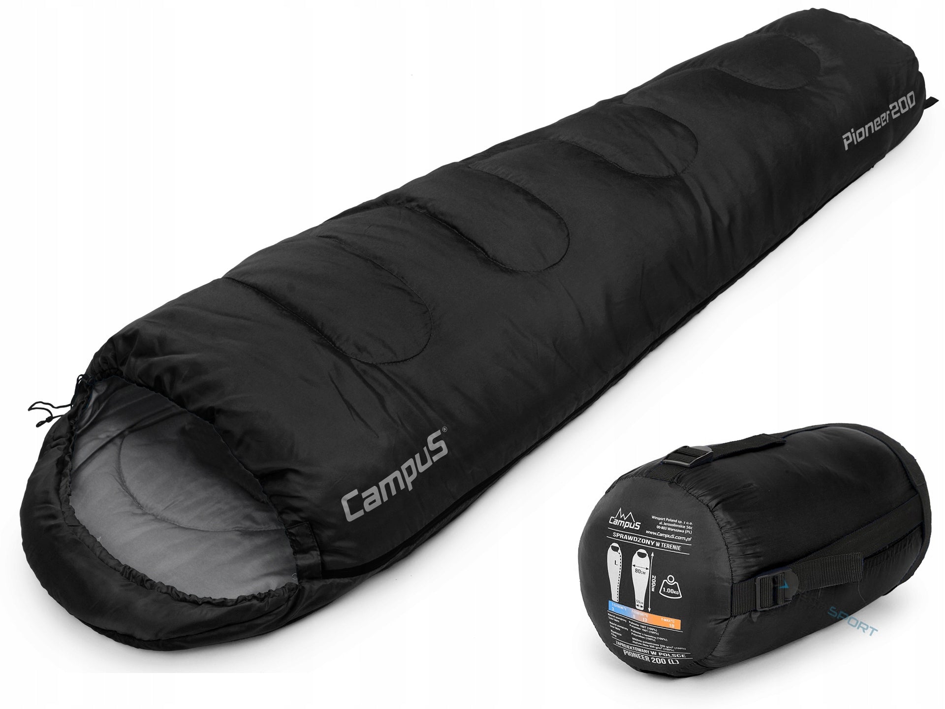 MUMMY SLEEPING BAG CAMPUS PIONEER 200 WARM | LEFT ZIPPER | BLACK