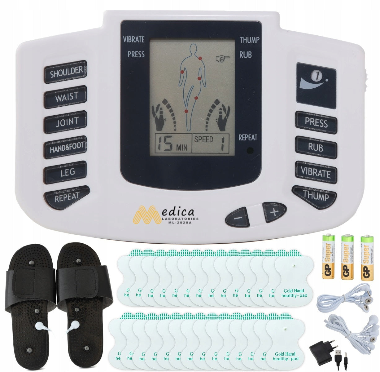 MUSCLE ELECTROSTIMULATOR MASSAGER TENS EMS+28 ELECTRODES+BATTERIES SET XXL