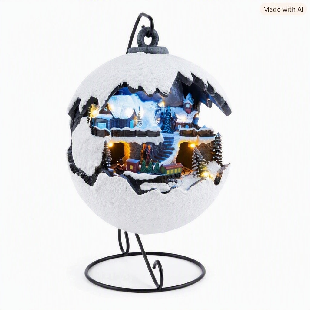 Magic LED Snowball with Winter Village and Train Unique Ornament
