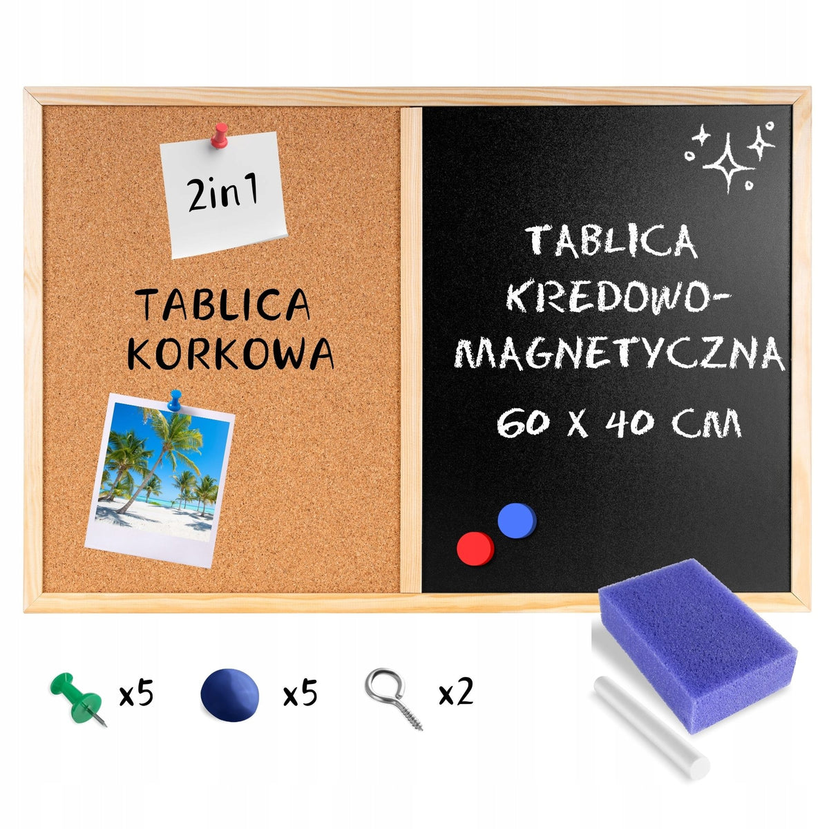 Magnetic chalkboard 2in1 60x40 for wall + pins magnets