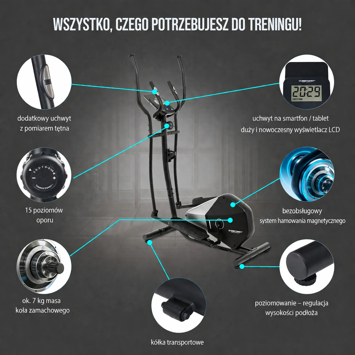 Magnetic elliptical cross trainer Christopeit CT5 Additional features transport wheels place for water bottle touch sensors