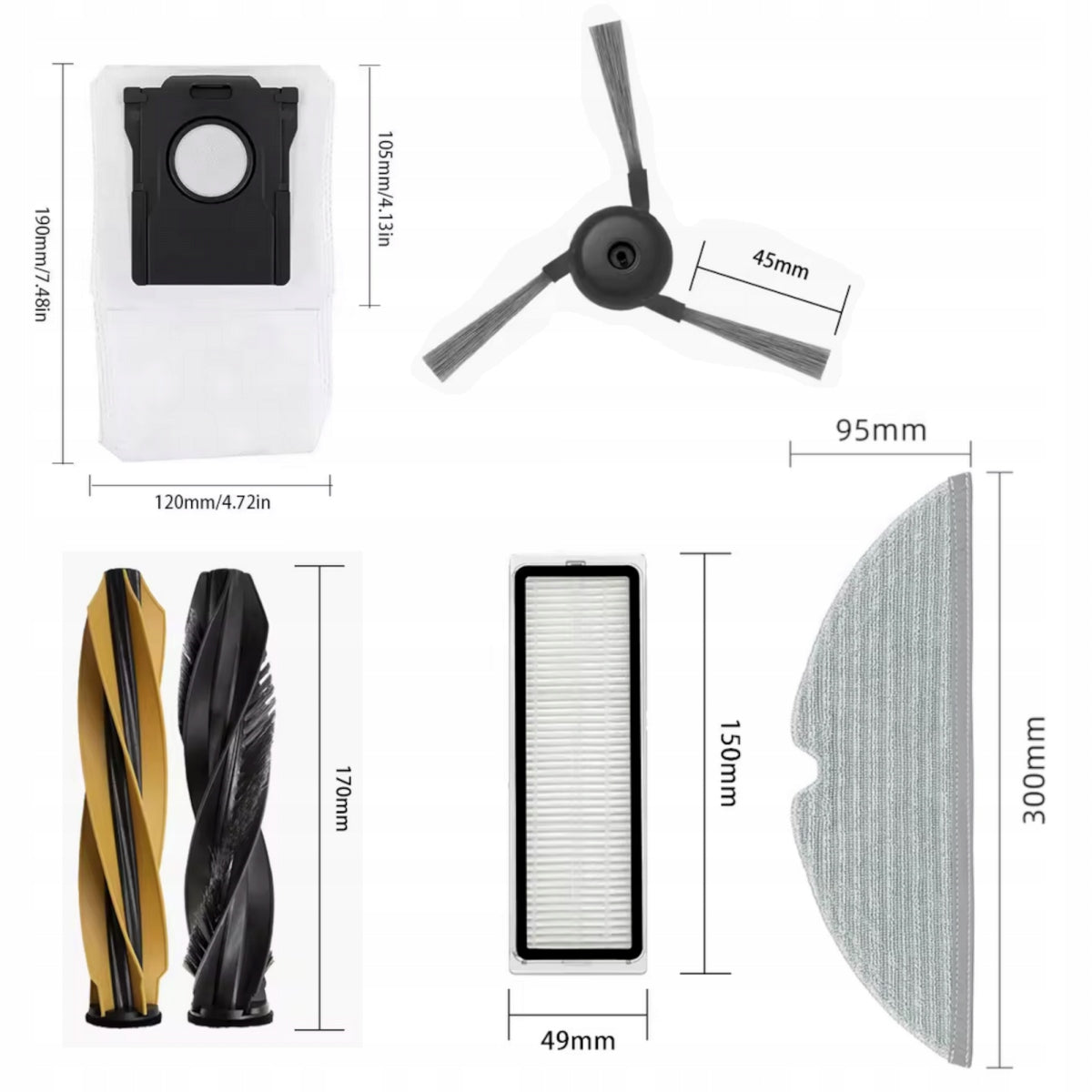 Main Brush Set Side Bags Filter Mop for Dreame D20 Pro Plus + Manufacturer code AROB000172