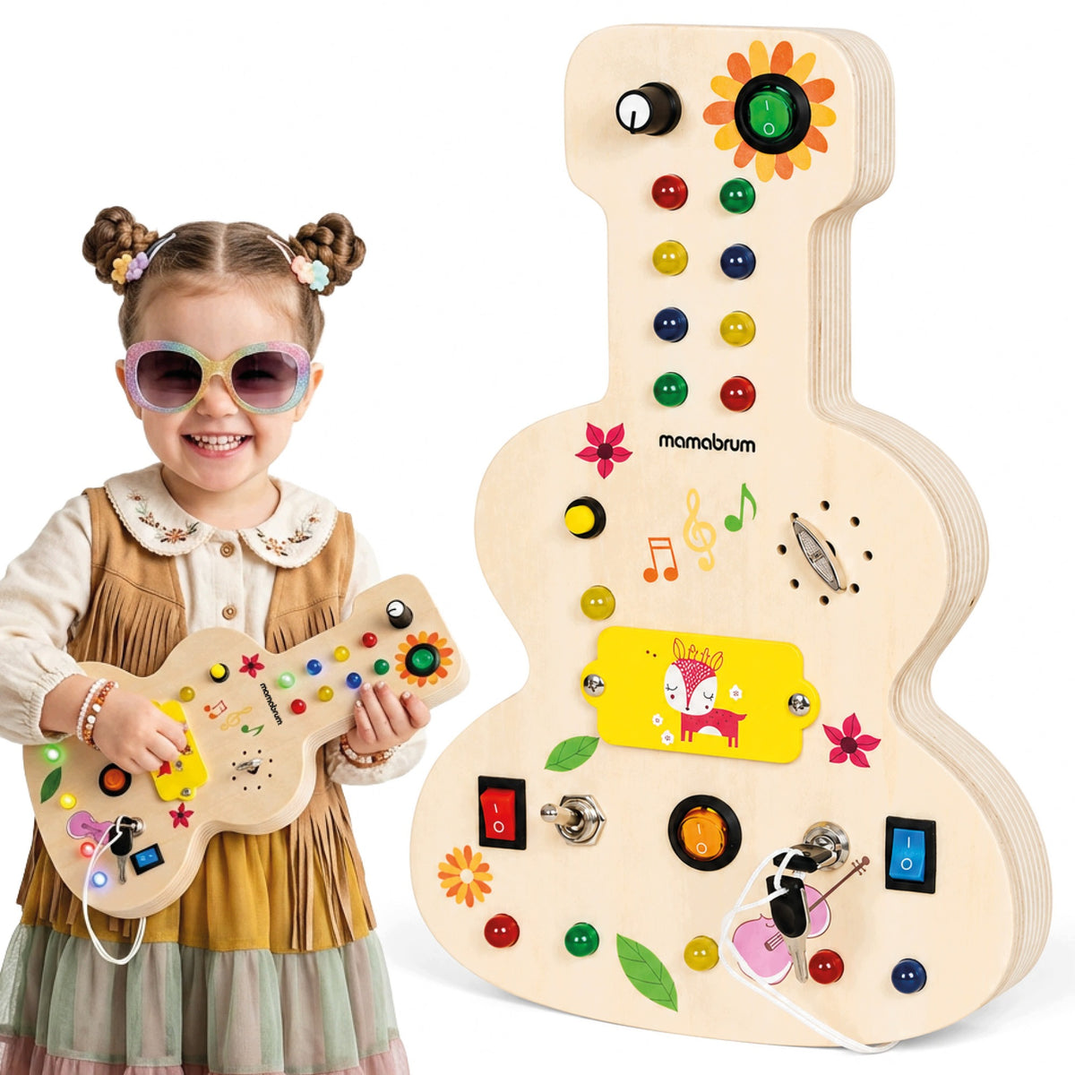 Mamabrum manipulation board in the shape of a guitar LED light, music box