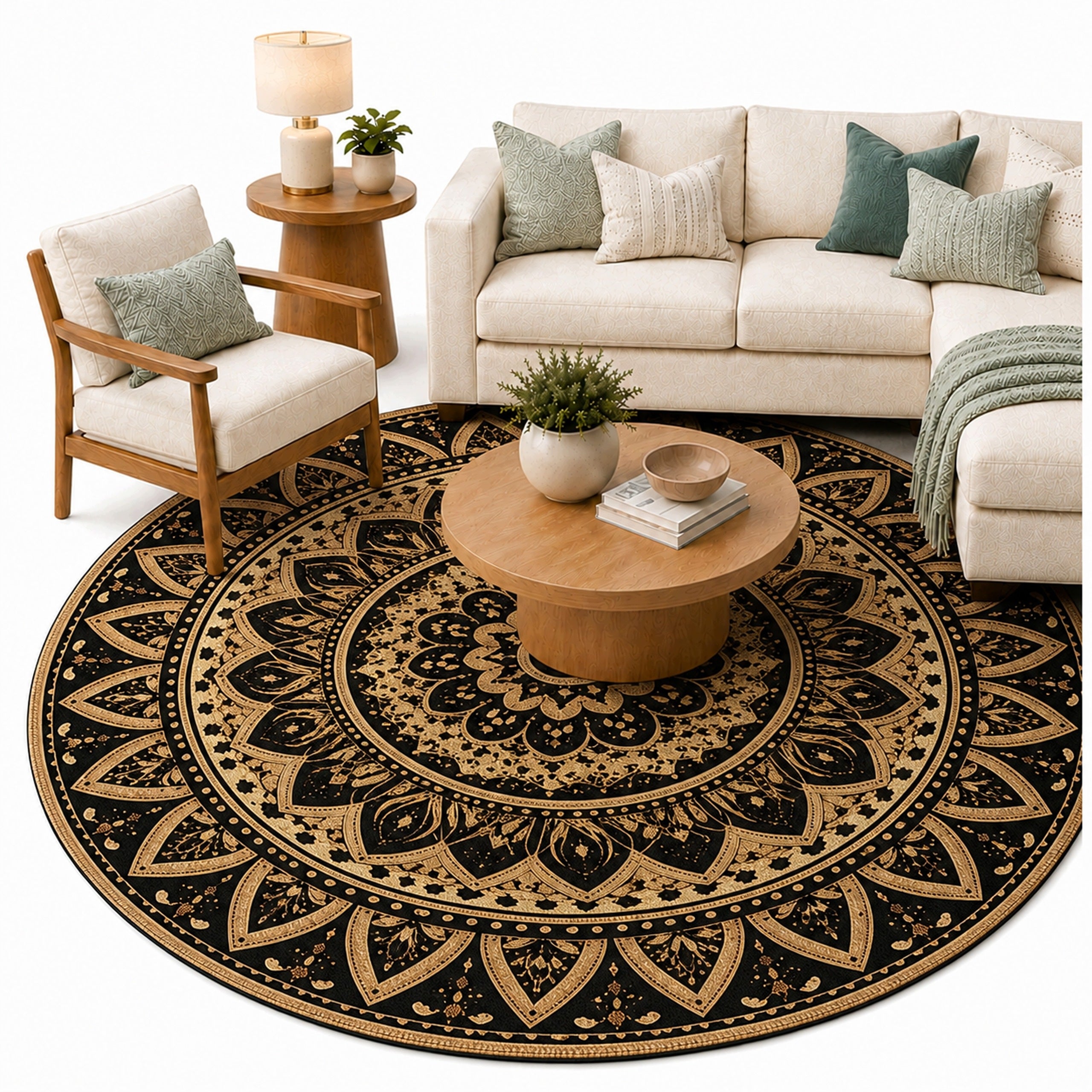 Mandala Round Carpet for Living Room 200x200 Oriental NOVO Non-Slip