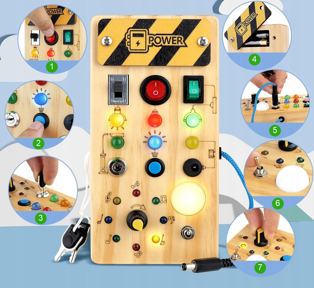 Manipulation Board Wooden Educational Sensory LED Switches Manufacturer code Drewniana tablica Montessori LED
