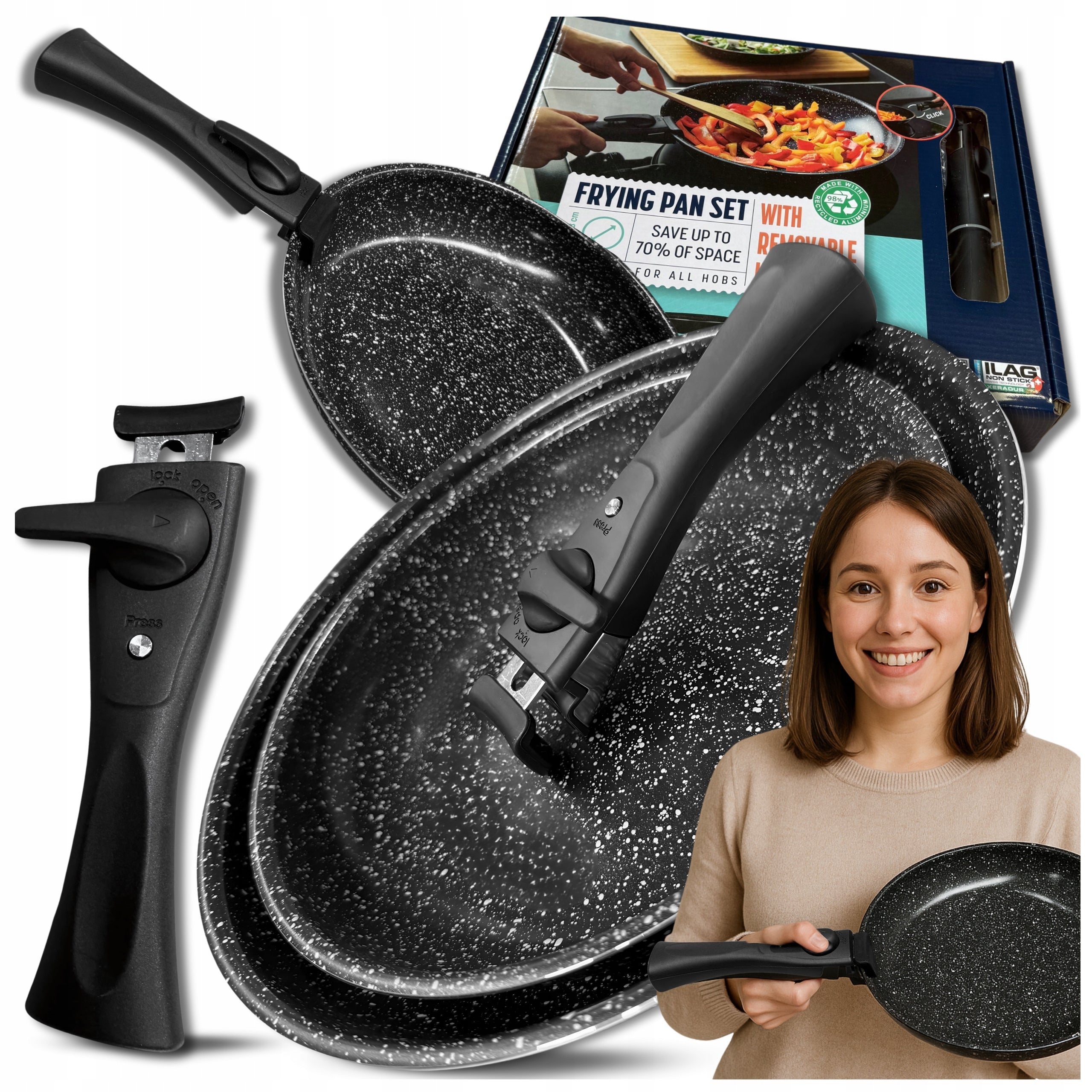 Marble Pan PAN SET 3in1 28cm 24cm Detachable Handle INDUCTION