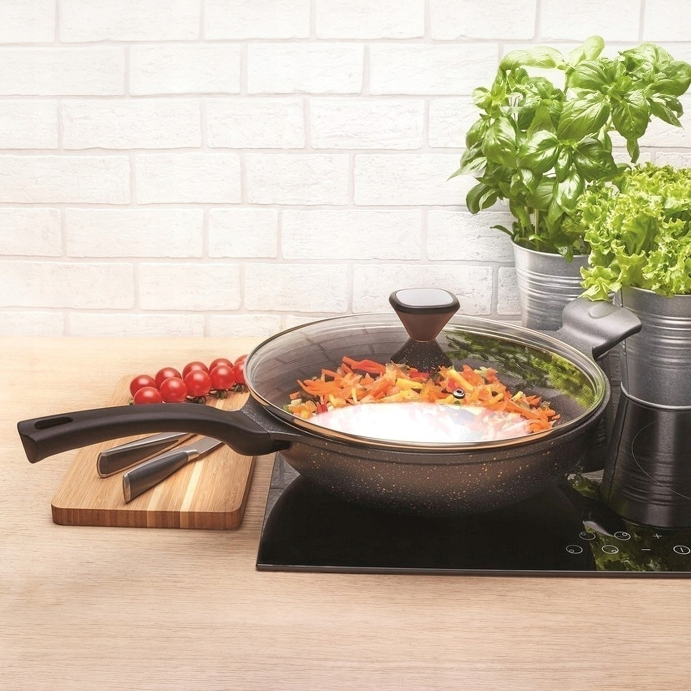 Marble WOK PAN for induction gas GLASS LID 30cm Konighoffer Line Kenji