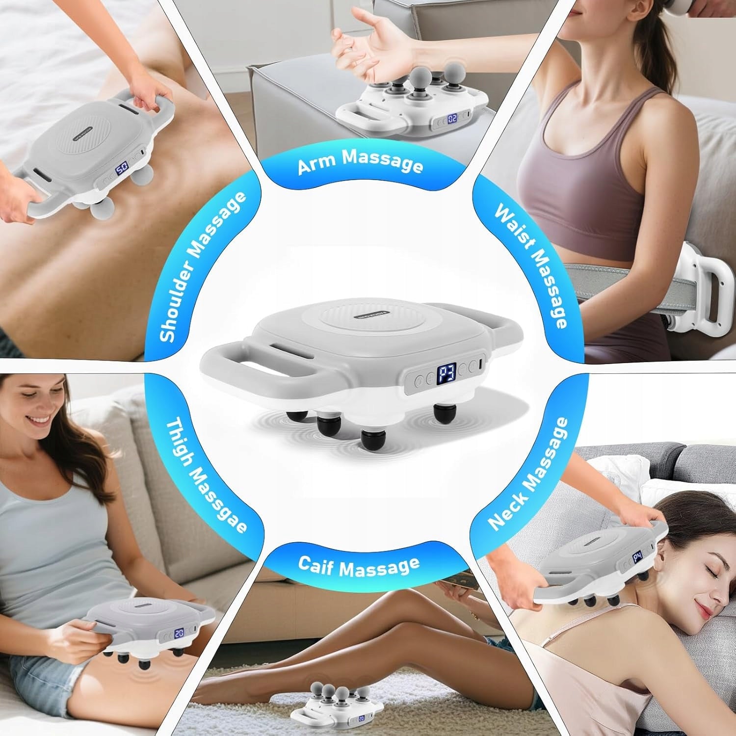 Massage Gun With 6 Heads Two-Handed Clamp Strap Packaging status original