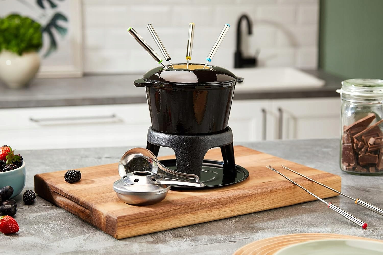 Master Class Fondue Set Enameled Cast Iron Black Cheese Meat Chocolate Brand Masterclass