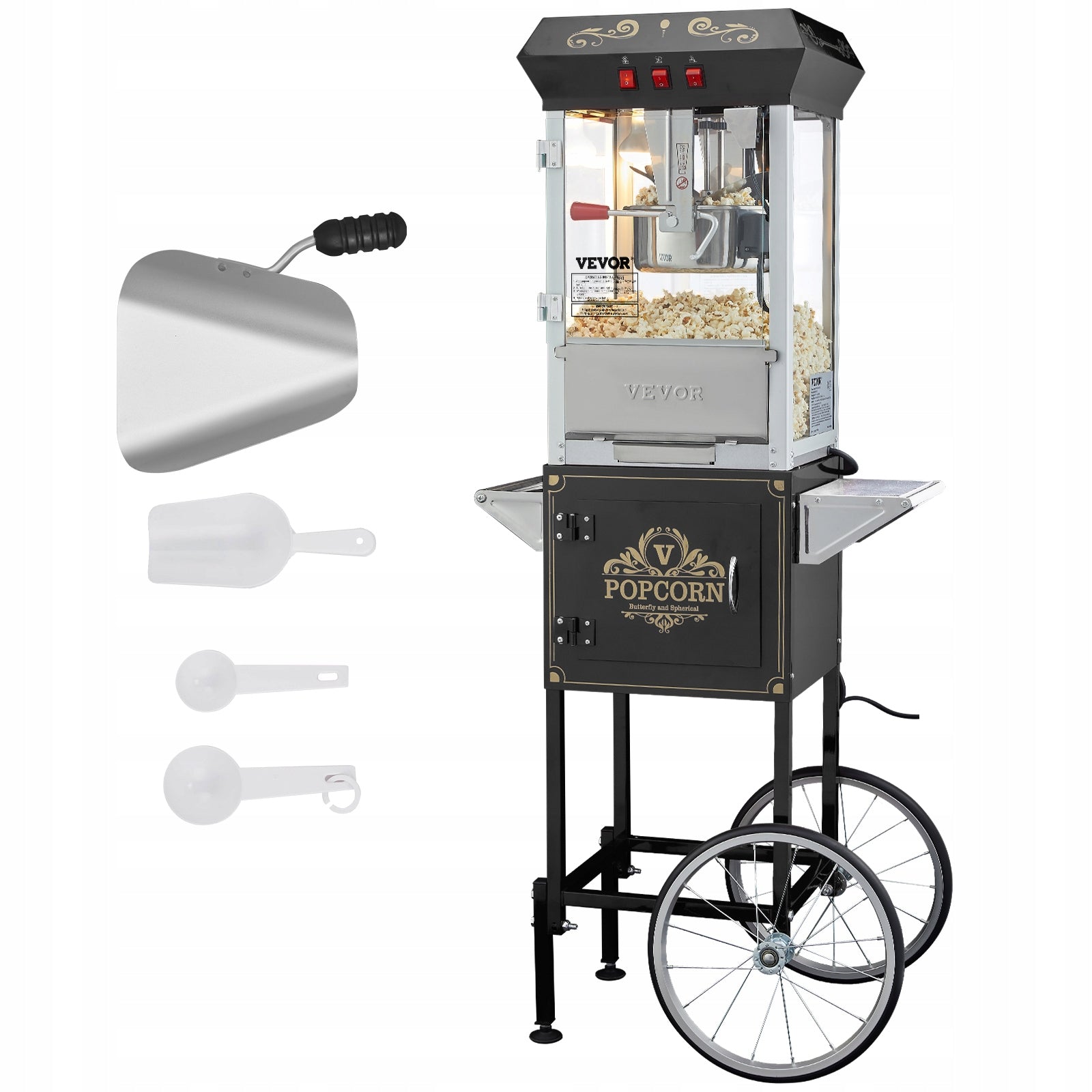 Maszyna Do Popcornu Czarny 850W 8Oz 48 Filiżanek Z Wózkiem I Światła LED
