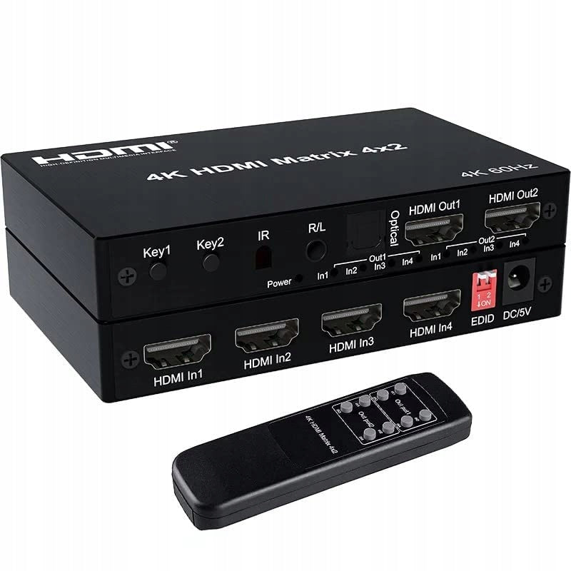 Matrix HDMI Switch Splitter 4x2 4K HDCP Splitter Toslink Jack + IR Remote Control Packaging status original