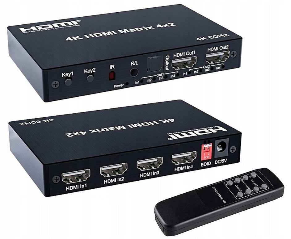 Matrix HDMI Switch Splitter 4x2 4K HDCP Splitter Toslink Jack + IR Remote Control