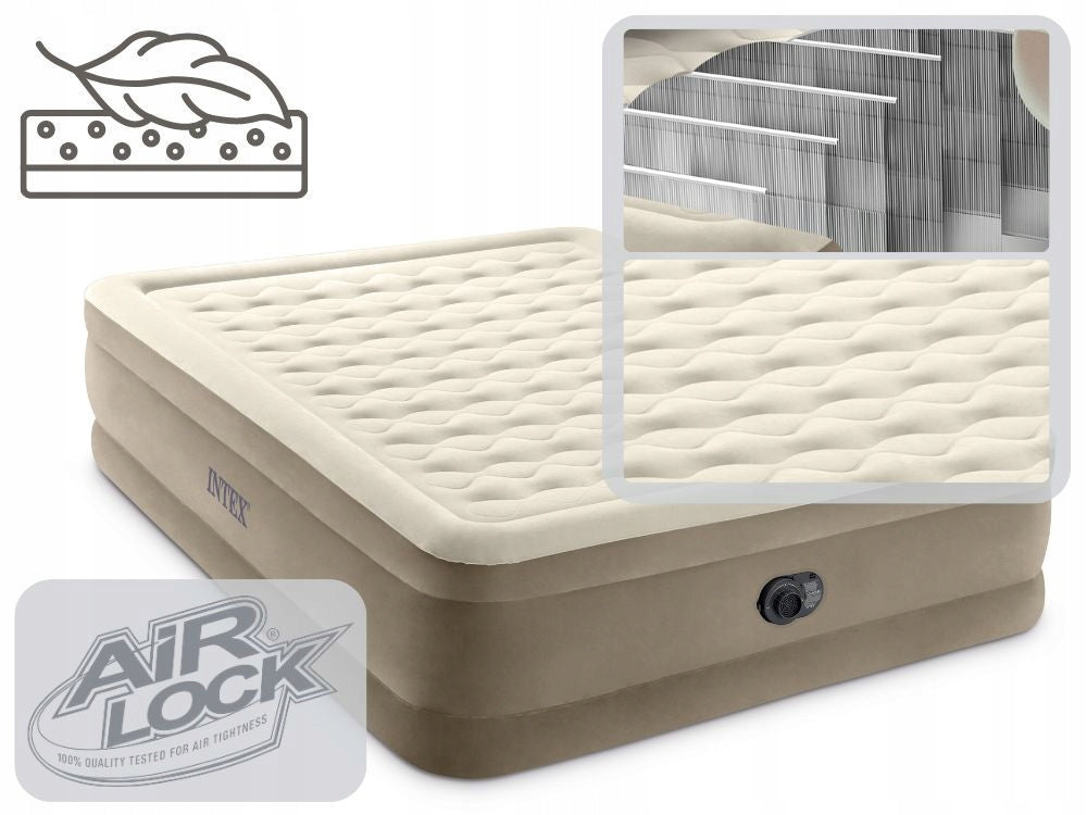 Mattress Inflatable Double Sleeping Bed with Pump 230V Intex + Pillow Manufacturer code Premium Materac dwuosobowy dmuchany INTEX beż
