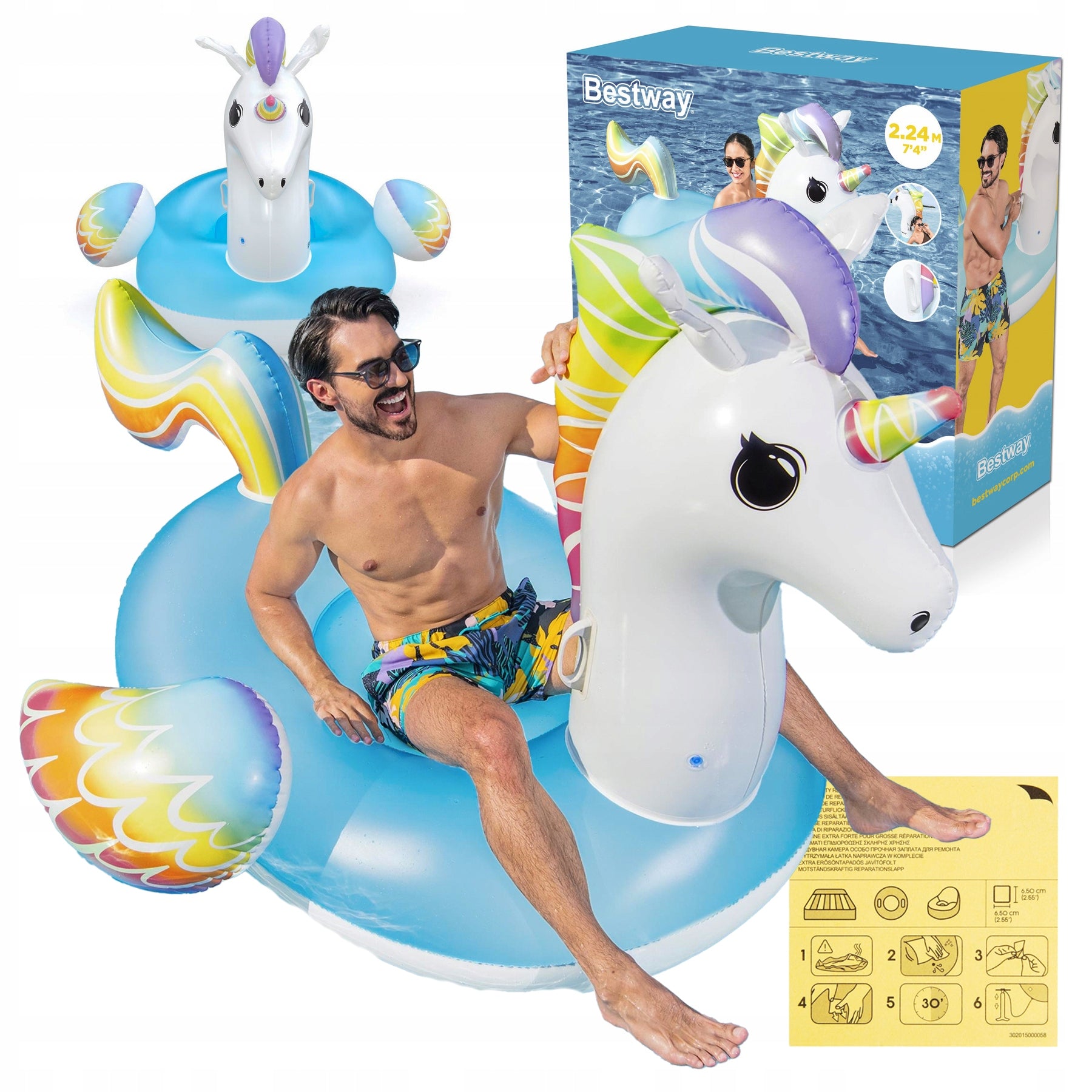 Mattress Inflatable Unicorn GIANT for Swimming Pool Beach Handles 224x164cm Bestway